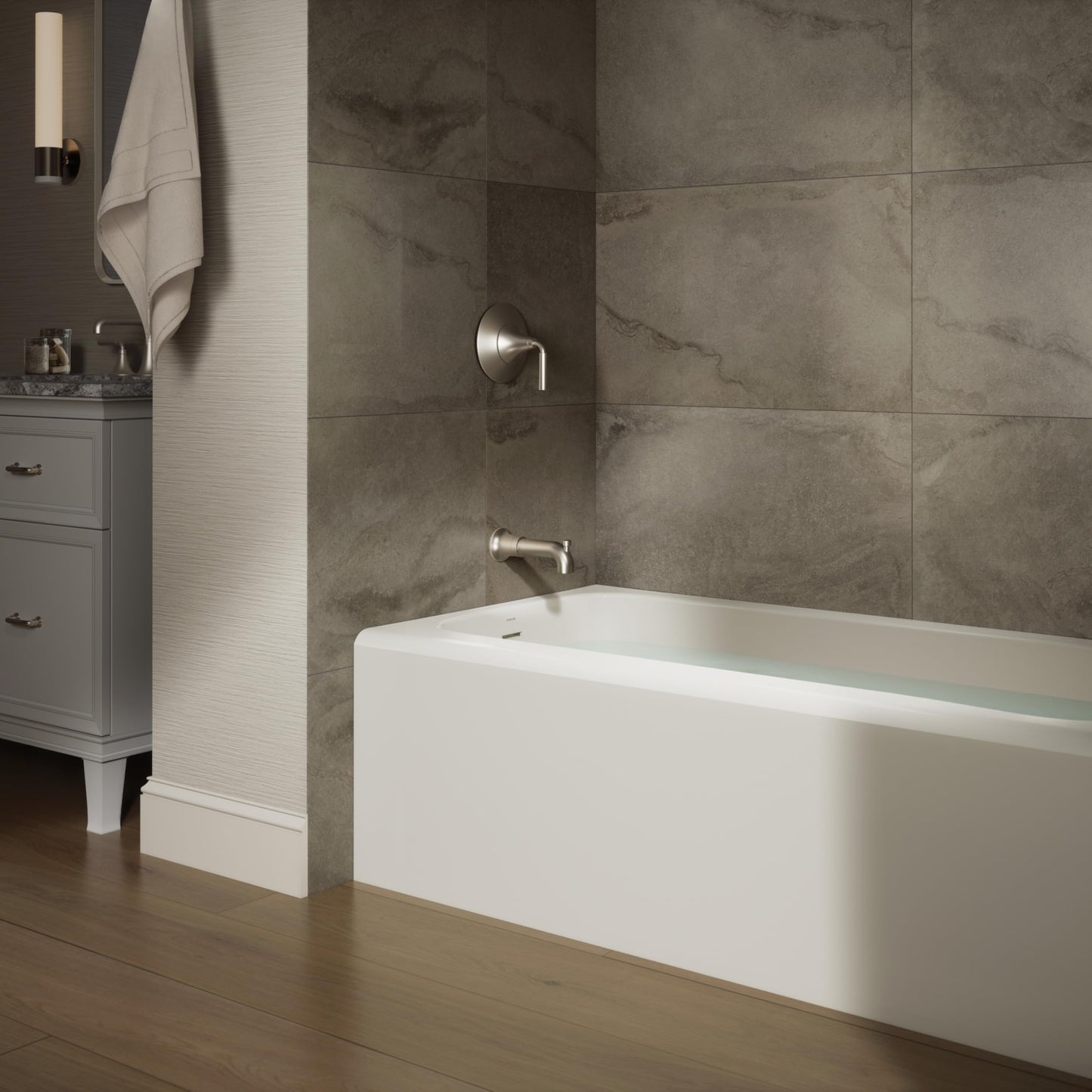 Dim Gray Kohler 25830-LA-96 Avec® 60" x 30" alcove bath, left drain, Biscuit