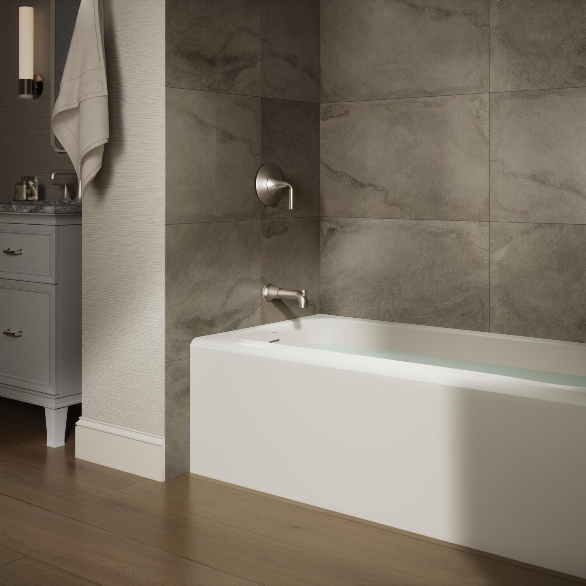Dim Gray Kohler 25830-LA-96 Avec® 60" x 30" alcove bath, left drain, Biscuit