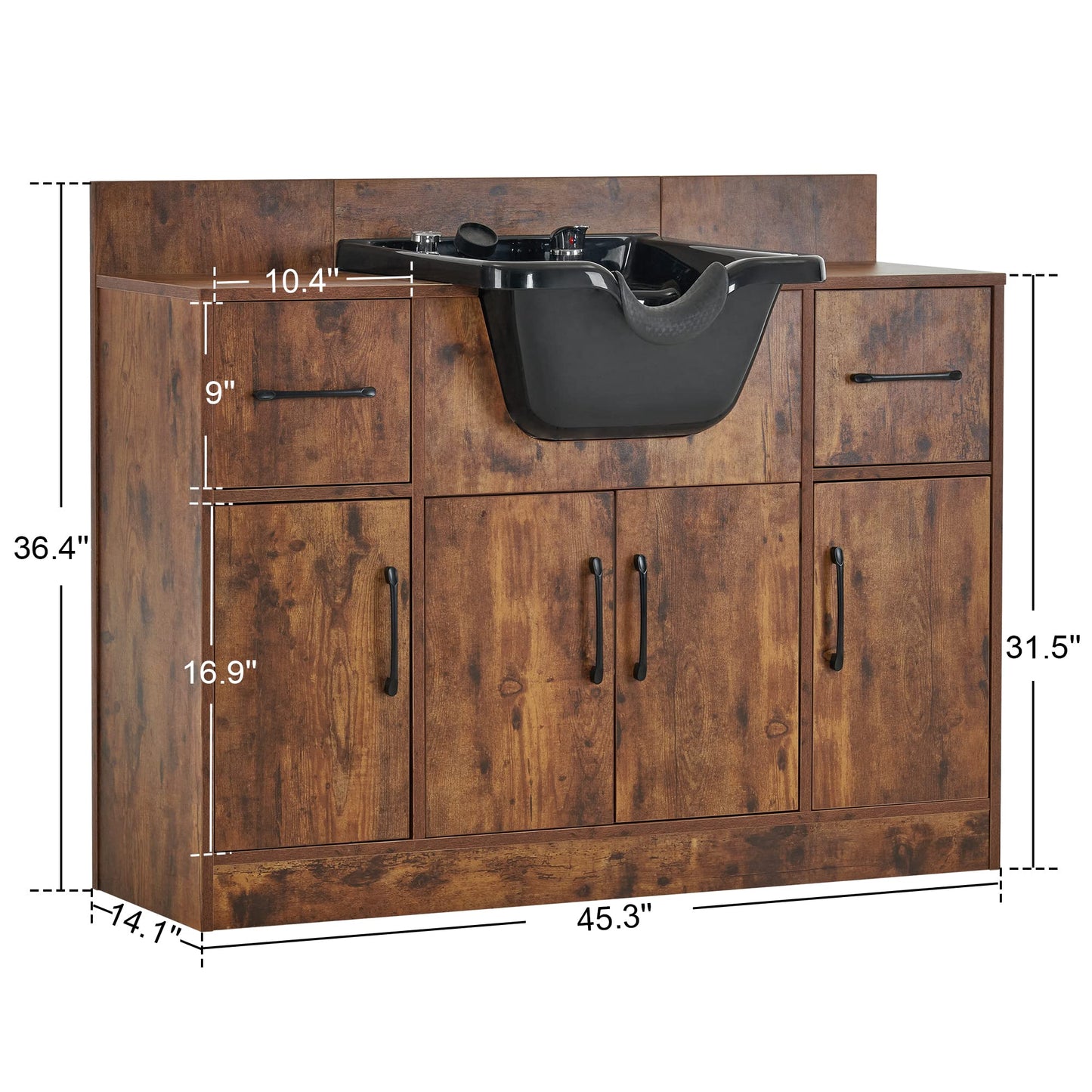 White Smoke BarberPub Multi-Functional Shampoo Backwash Sink Station, Beauty Salon Cabinet with Faucet Sprayer, Barber Shop Storage Equipment 45.3" x 14.1'' x 36.4" 7139 (Rust Brown)