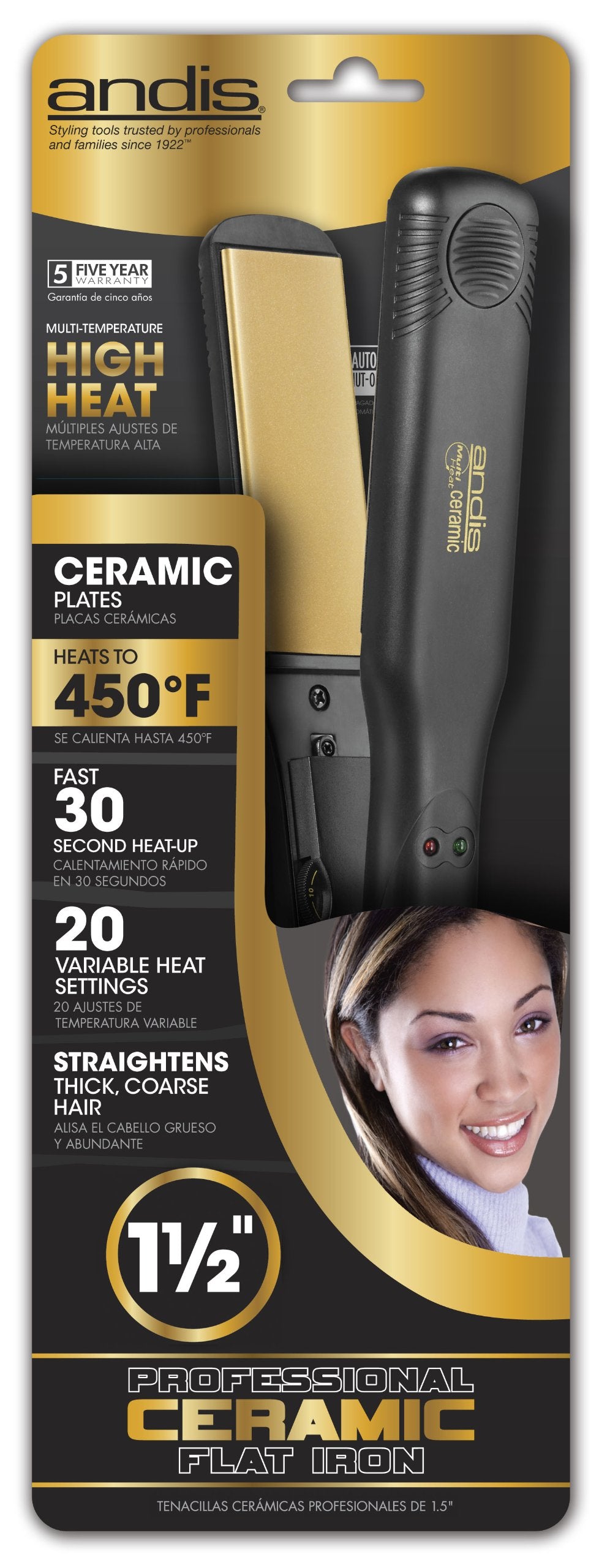 Dark Slate Gray Andis 1.5-Inch High Heat Ceramic Hair Flattening Iron, Black (67770)