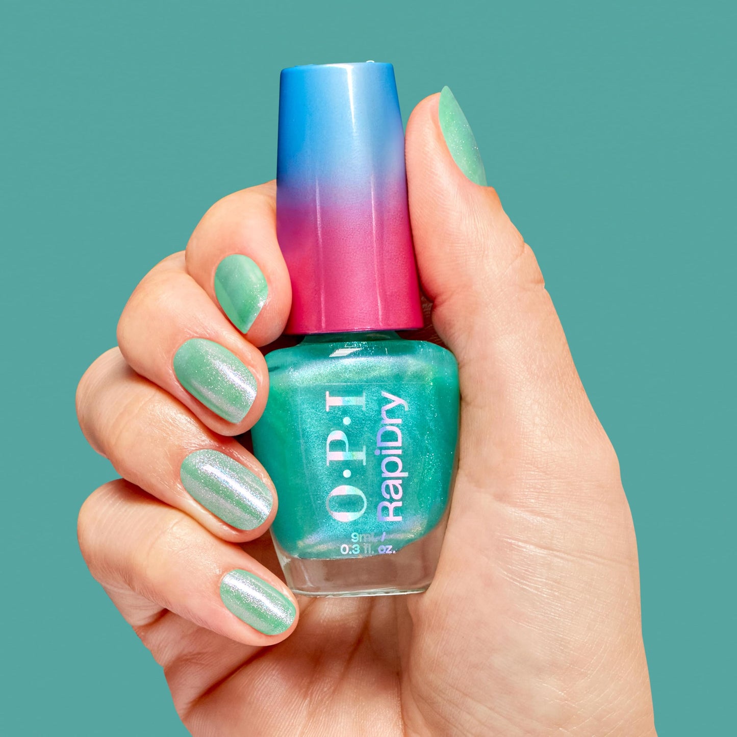 Cadet Blue OPI RapiDry Speed of Bright | Semi-sheer Soft Blue Shimmer Quick Dry Nail Polish | Vegan, Smudge Proof, Fast Drying, Color: Speed of Bright