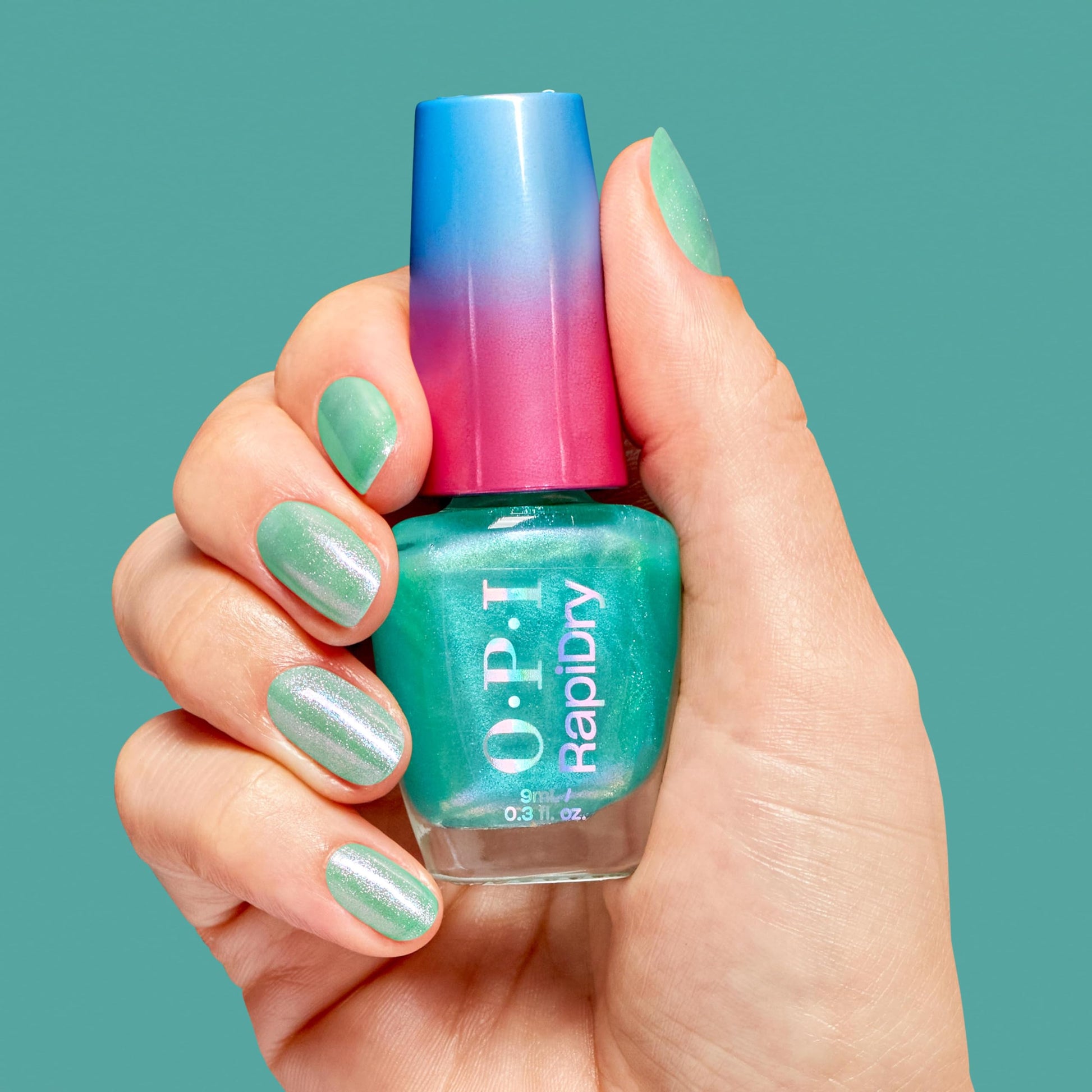 Cadet Blue OPI RapiDry Speed of Bright | Semi-sheer Soft Blue Shimmer Quick Dry Nail Polish | Vegan, Smudge Proof, Fast Drying, Color: Speed of Bright