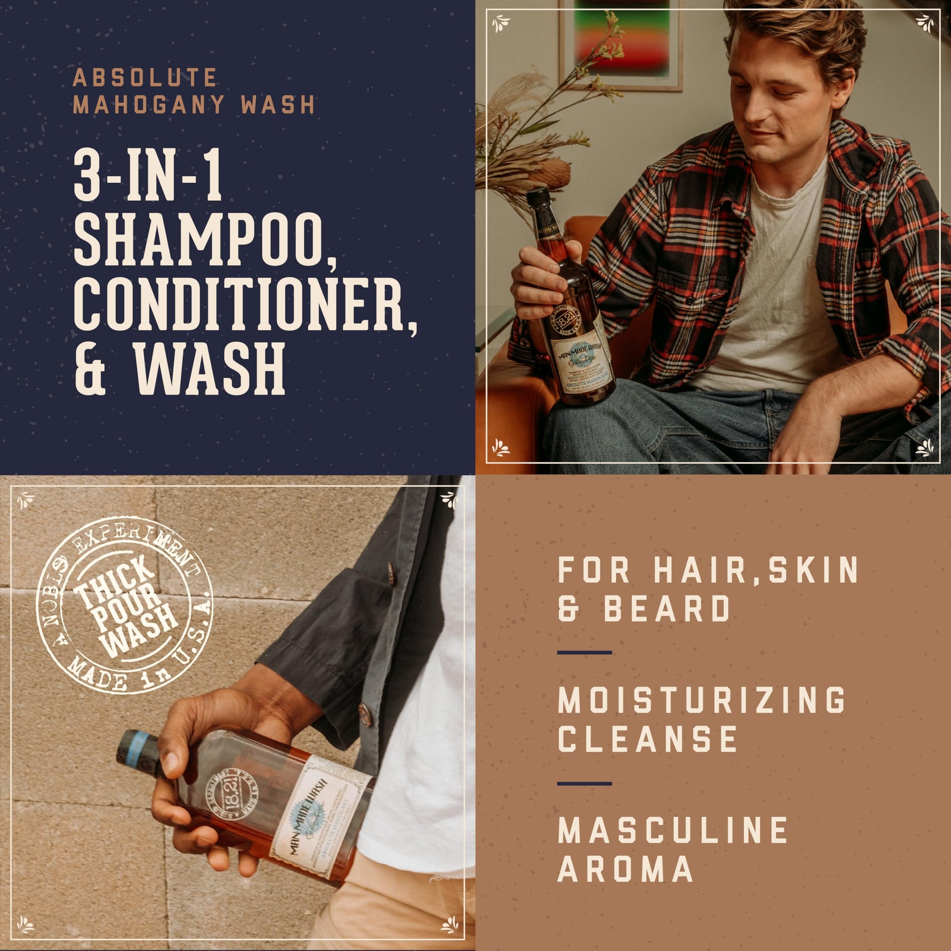 Sienna 18.21 Man Made Original Absolute Mahogany 3-in-1 Body Wash, Shampoo, & Conditioner for Men, All Hair & Skin Types, Strengthens and Moisturizes in a Manly Aroma, 18oz