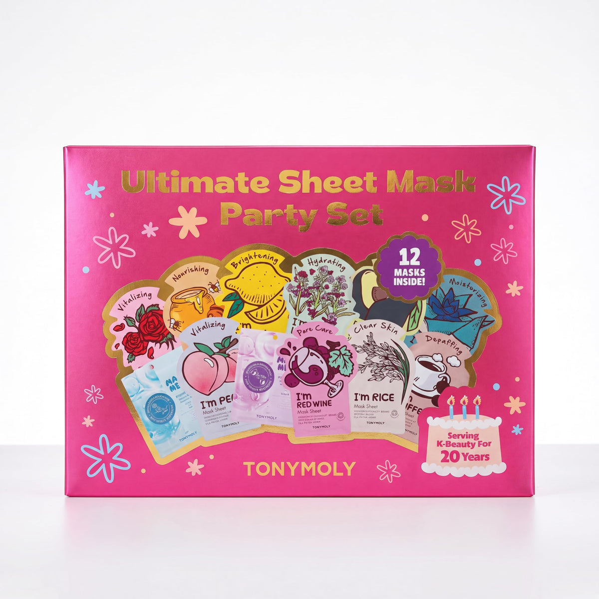 Violet Red TONYMOLY 20th Anniversary Sheet Mask Set - 12 Korean Face Masks Eye & Neck