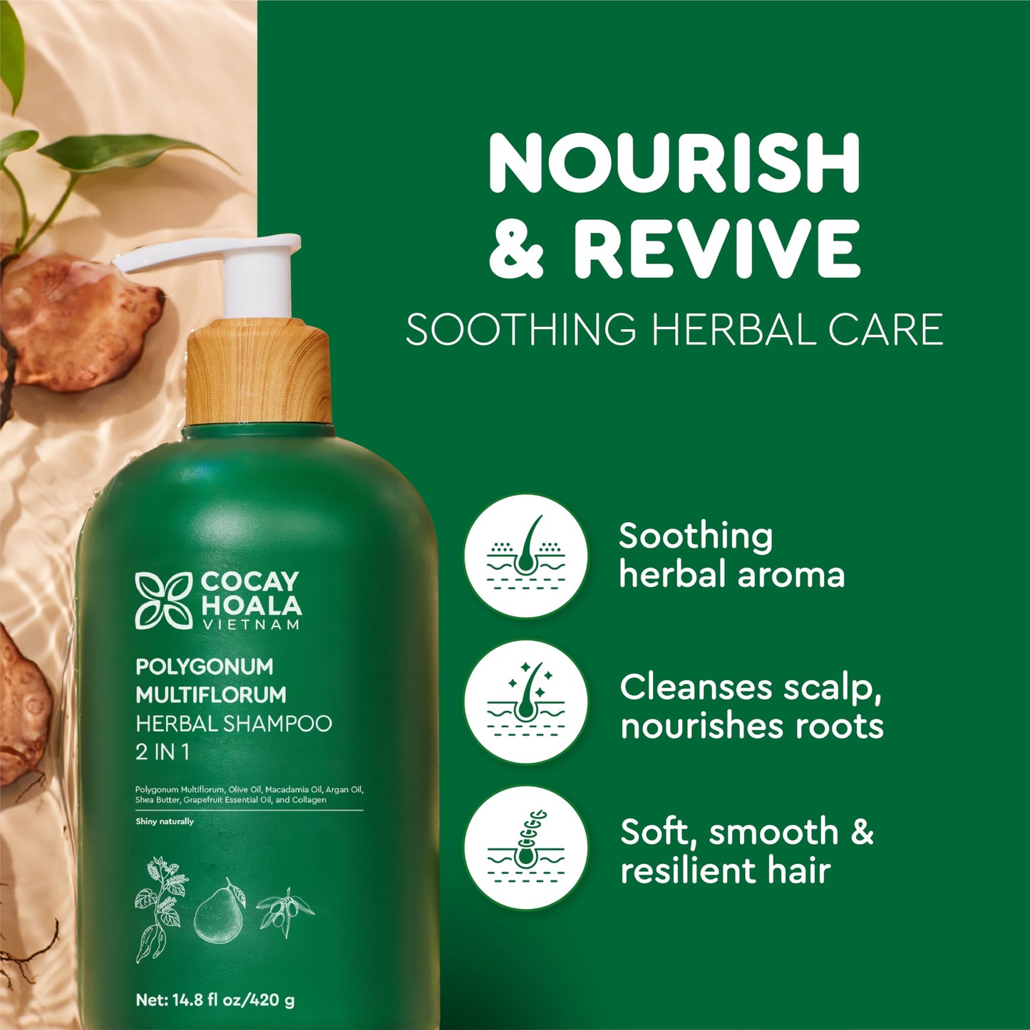 Forest Green VIETNAM Hair Growth Shampoo for Thinning Hair with Polygonum Multiflorum, 2 in 1 Shampoo & Conditioner, Strengthens Weak Roots, Fuller Thicker Look, Mothers Day Gifts for Mom (14.8 oz)
