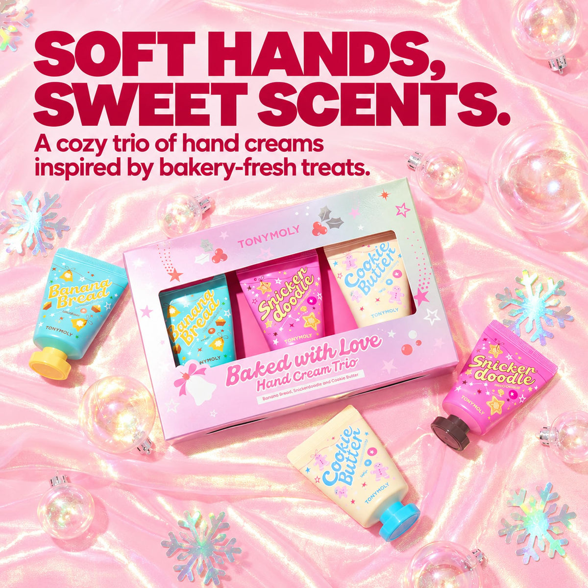 Pink TONYMOLY Baked With Love Hand Cream Trio, Korean Shea Butter Gift Set of 3