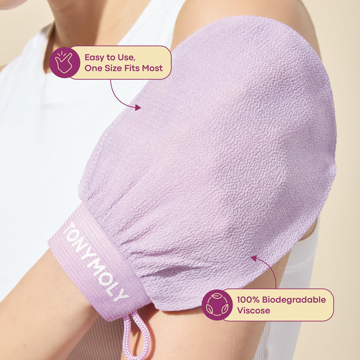 Lavender TONYMOLY Plum Bum K-Spa Exfoliating Glove - Korean Deep Scrub Towel, 2pk