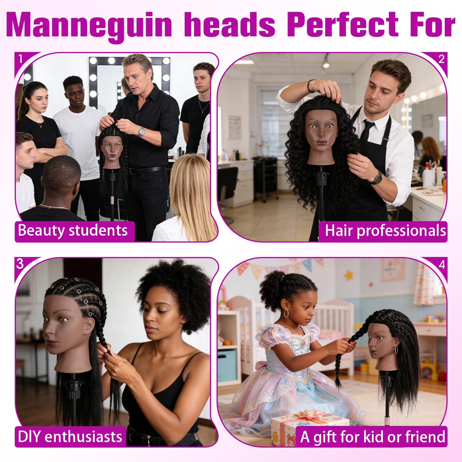 Lavender Blush 100% Real Hair Mannequin Head,22''Human Hair Mannequin Cosmetology Manikin Doll Head Hair Styling Hairdressing Practice Training Head with Clamp Holder and Tools（Black）