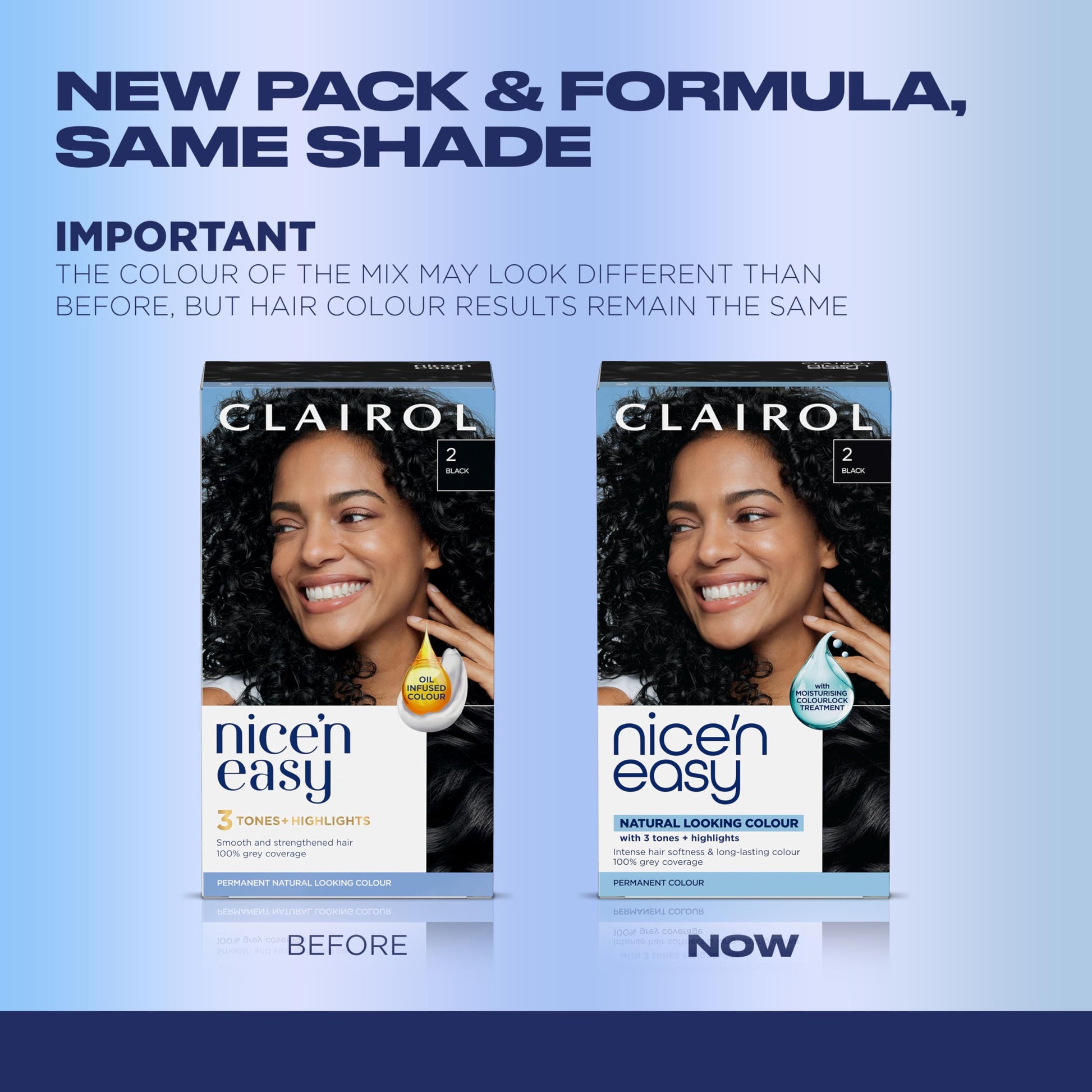 Powder Blue Clairol Nice'n Easy Permanent Hair Dye, 2 Black Hair Color, Pack of 1 - Packaging May Vary