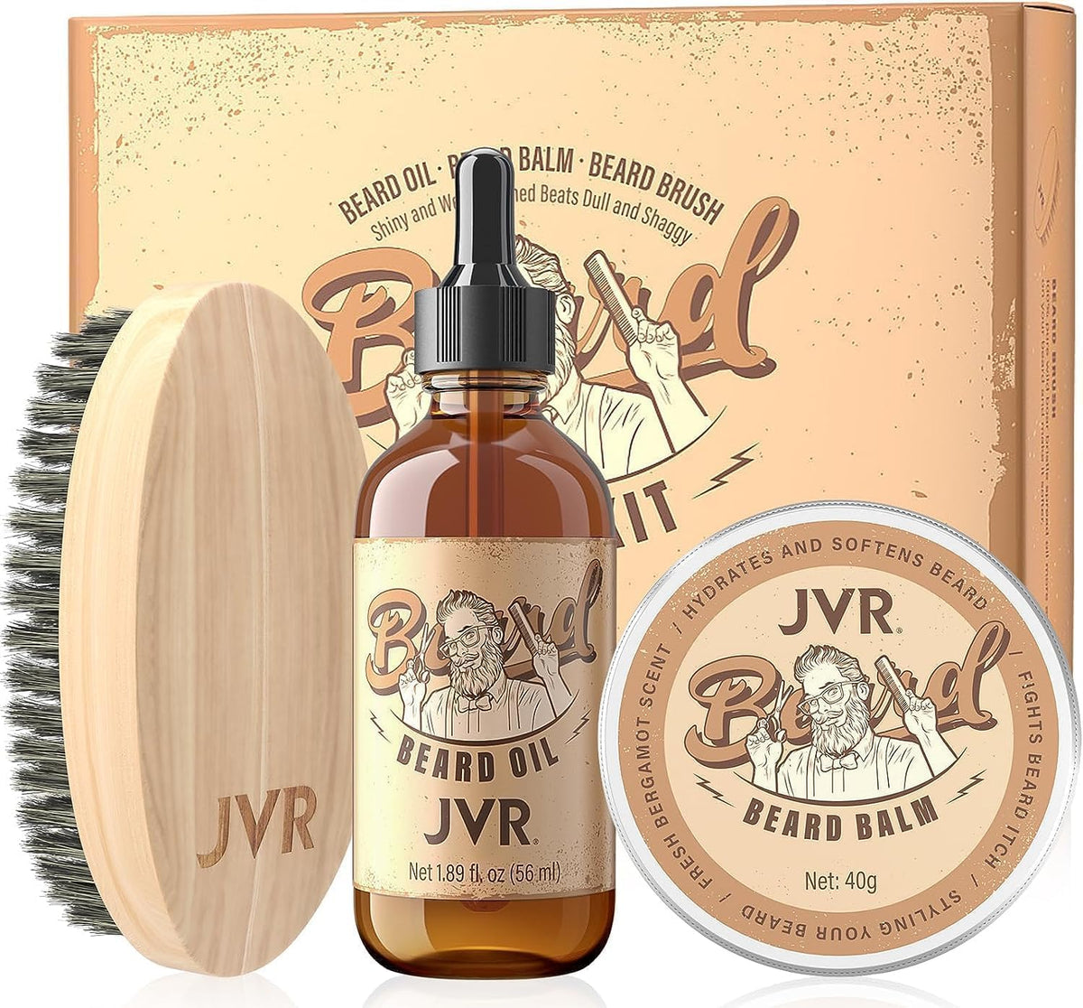 Wheat JVR Beard Grooming Kit for Men, Beard Care Kit Includes Oil and Balm,100% Boar Brush Vegan Just for Men Mustache, Perfect Gifts for Him Man Dad Boyfriend