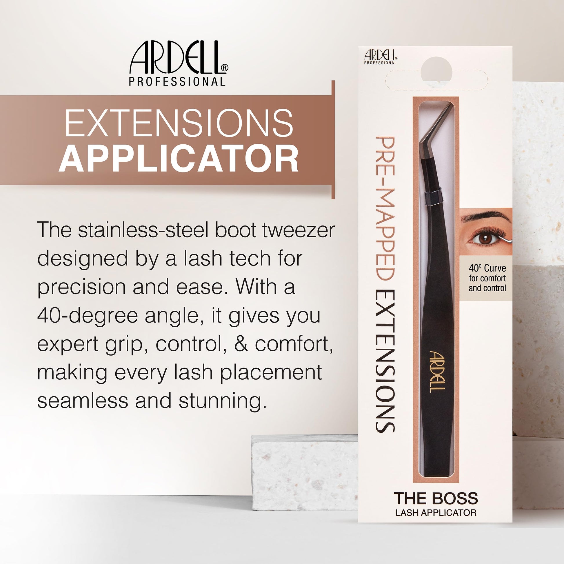 Lavender Ardell Pre-Mapped Lash Applicator Tool - 40° Curved Eyelash Tweezers for Precision and Comfort, Easy Application