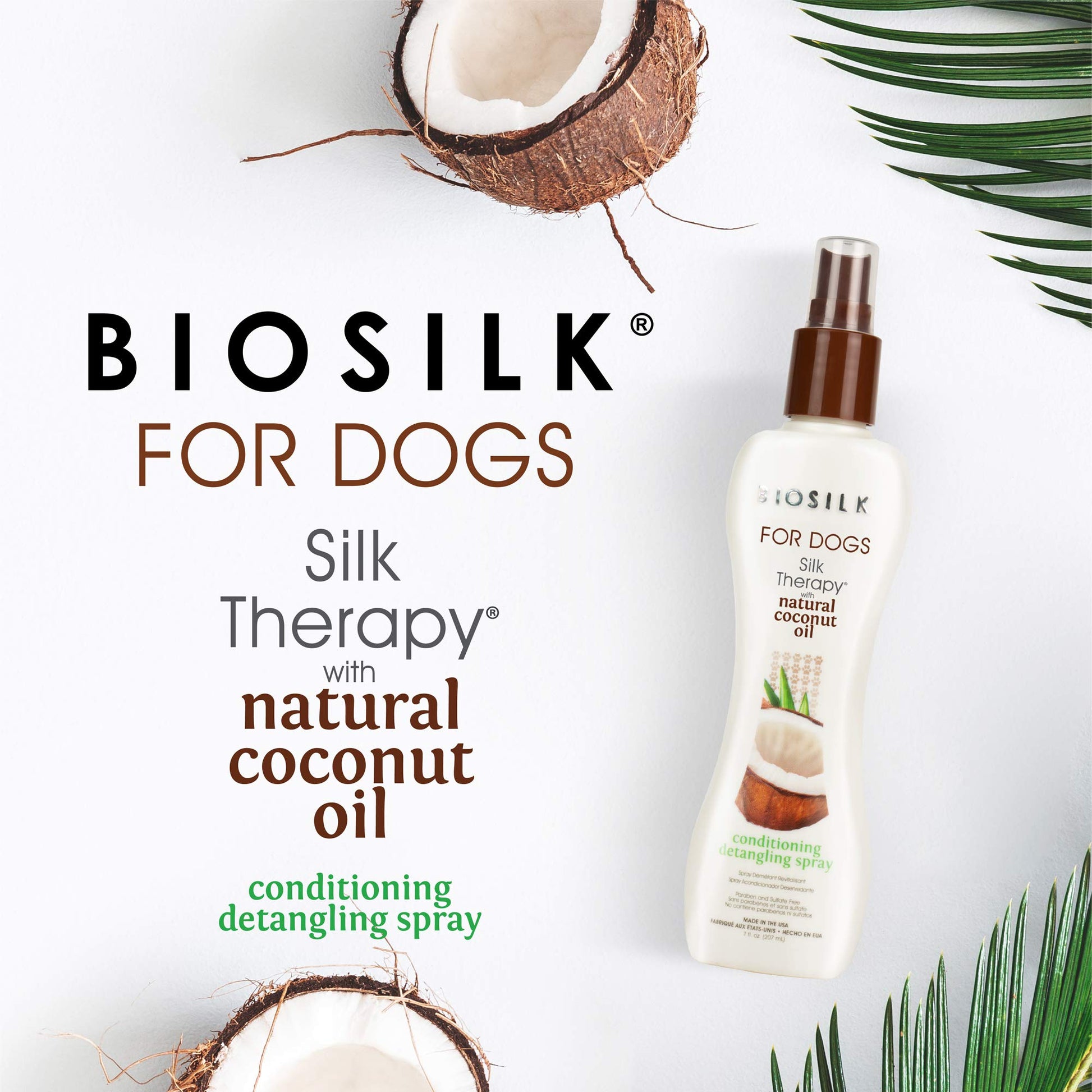 White Smoke BioSilk Silk Therapy Conditioning Detangling Spray for Dogs with Natural Coconut Oil, Leave-In Detangler and Conditioner, Dematting Grooming Spray, Sulfate Free, 7 Fl Oz