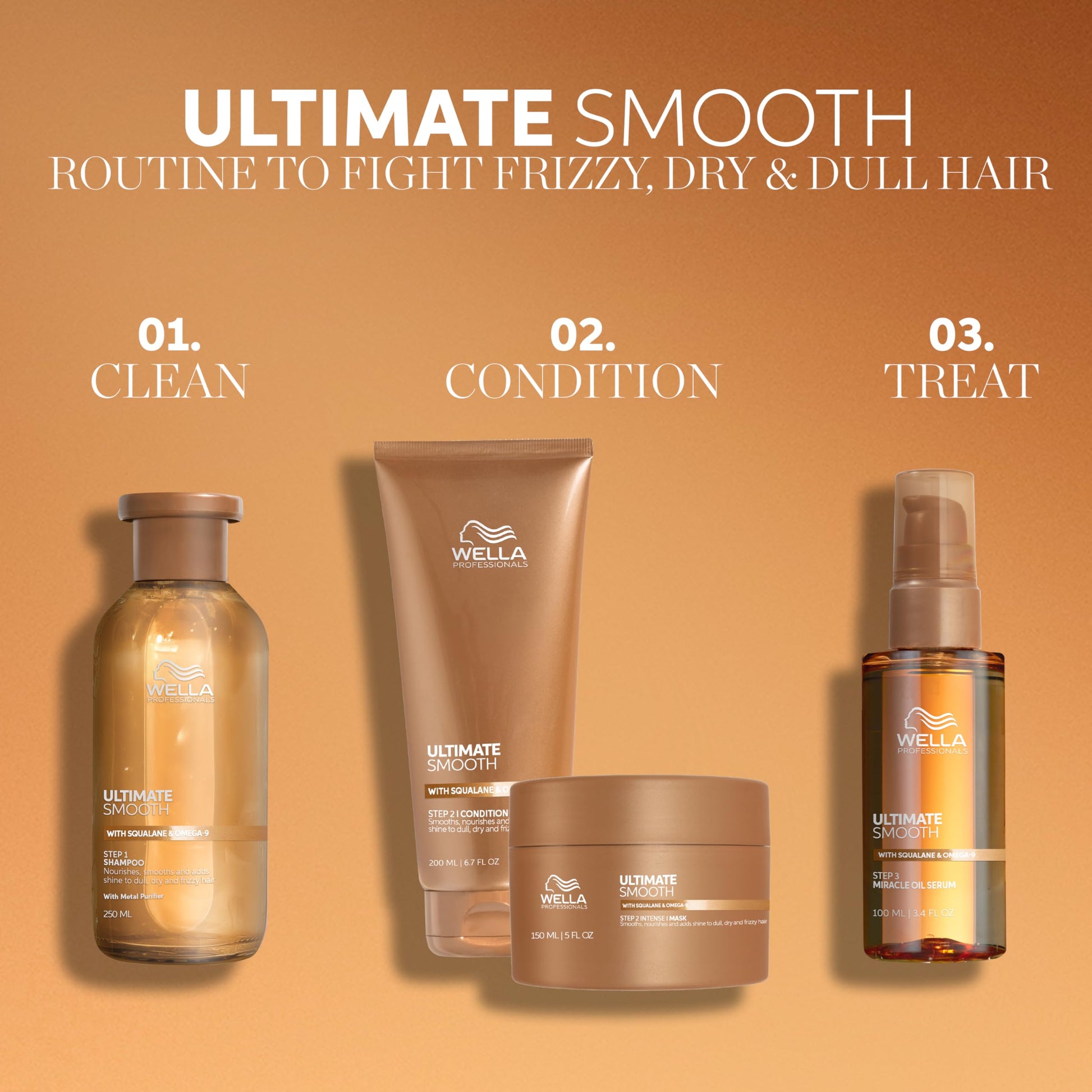 Sandy Brown Wella Professionals ULTIMATE SMOOTH Shampoo 8.4 Fl Oz. + Conditioner 6.7 Fl Oz. Bundle | For Dry, Dull & Frizzy Hair | With Squalane & Omega 9