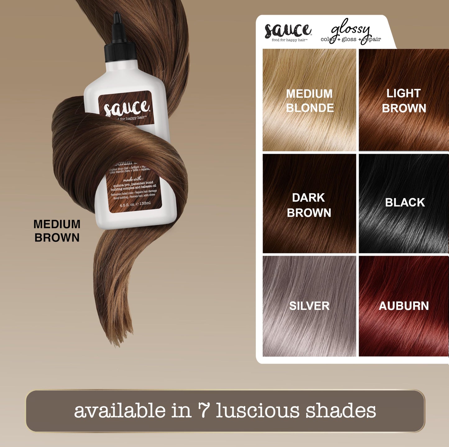 Gray Sauce Beauty Glossy Color + Gloss + Repair, Medium Brown, Semi Permanent Hair Dye with Bond-Building and Color-Fade Protection Technology, Adds Shine & Deep Moisture, Lasts 4-8 Weeks, Stops Fade