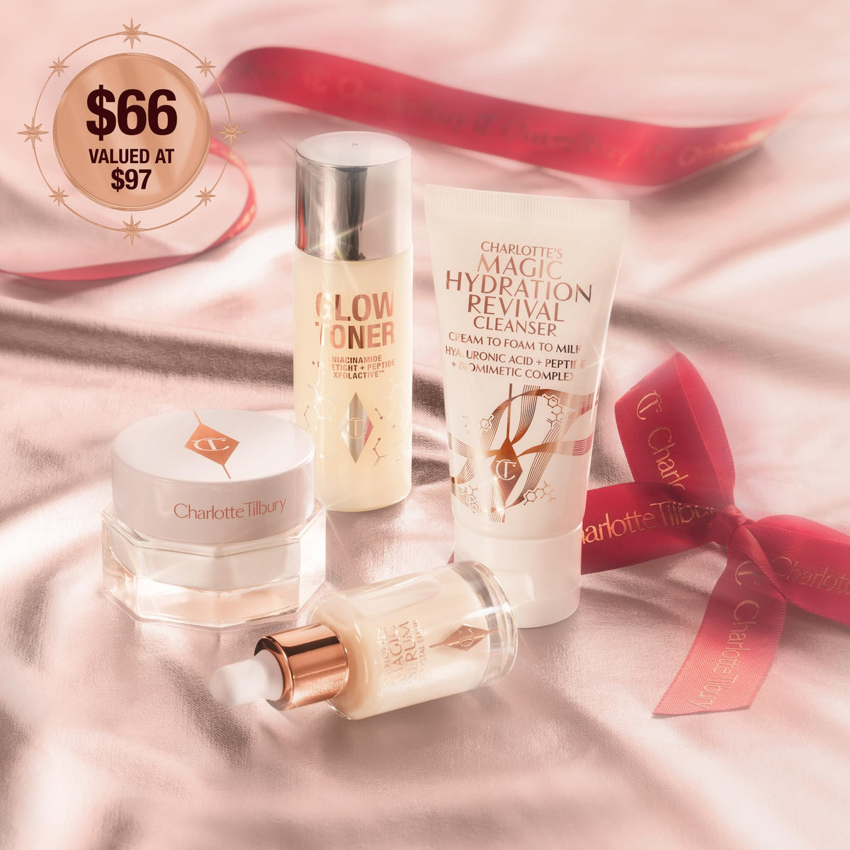 Bisque Charlotte Tilbury Magic Hydration Revival Routine, 3-Piece Skincare Gift Set with Cleanser, Toner & Face Serum