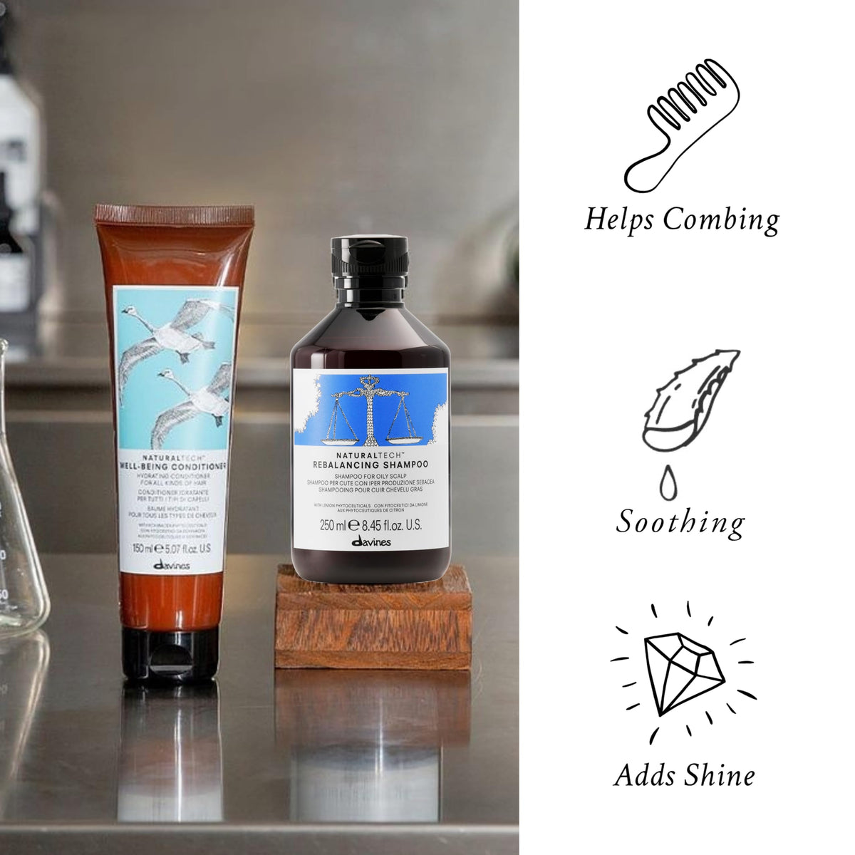White Smoke Davines Naturaltech REBALANCING Shampoo, Gently Cleanse The Scalp While Assisting With Excess Sebum Production, Add Shine