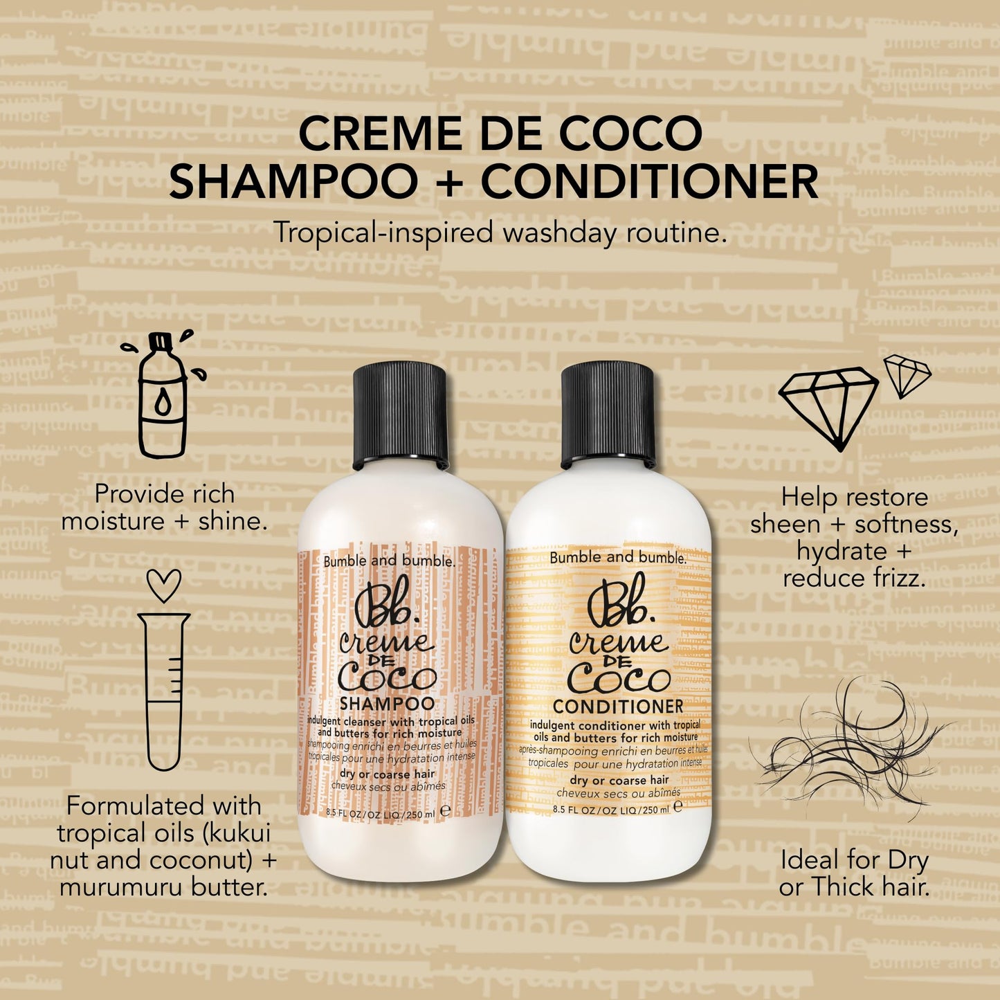 Tan Bumble and bumble. Creme De Coco Shampoo | Provides Rich Moisture and Shine | Reduces Frizz | With Coconut Kukui Nut Murumuru Butter | For Dry Medium to Thick Curly, Wavy, Straight Hair, 33.8 Fl Oz