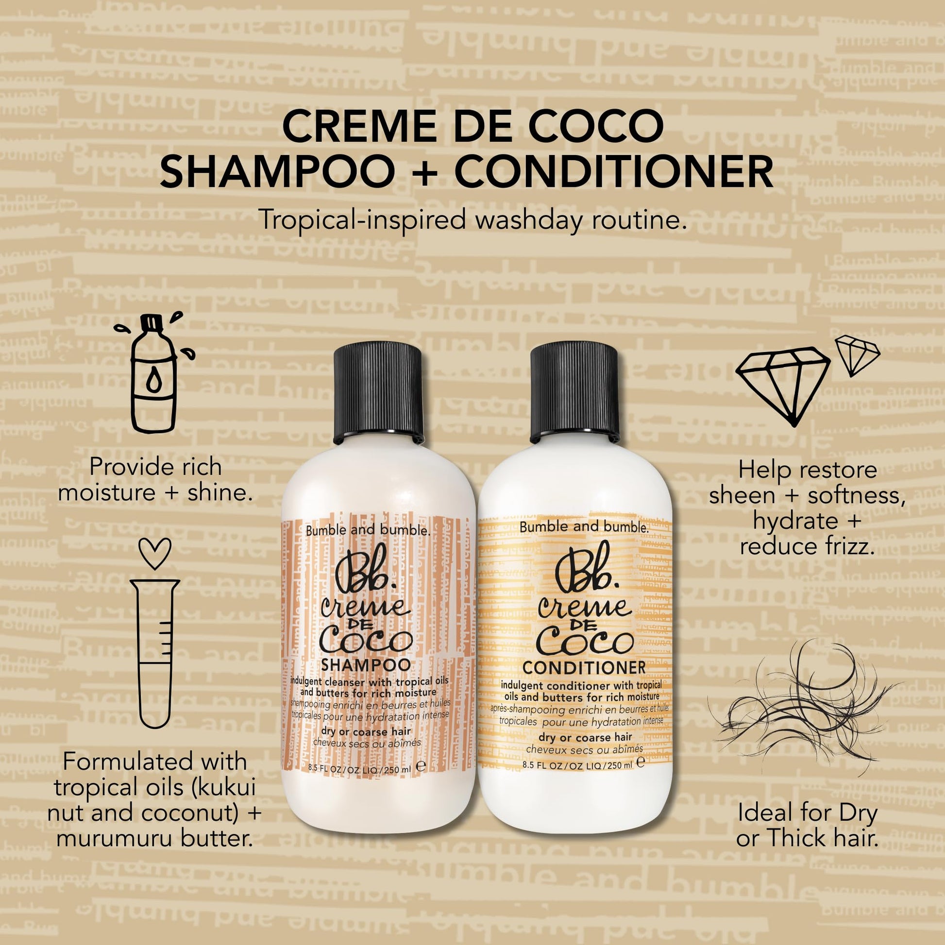 Tan Bumble and bumble. Creme De Coco Shampoo | Provides Rich Moisture and Shine | Reduces Frizz | With Coconut Kukui Nut Murumuru Butter | For Dry Medium to Thick Curly, Wavy, Straight Hair, 33.8 Fl Oz