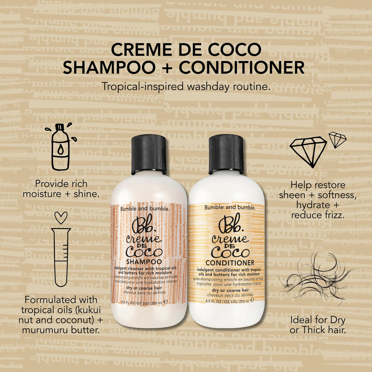 Tan Bumble and bumble. Creme De Coco Shampoo | Provides Rich Moisture and Shine | Reduces Frizz | With Coconut Kukui Nut Murumuru Butter | For Dry Medium to Thick Curly, Wavy, Straight Hair