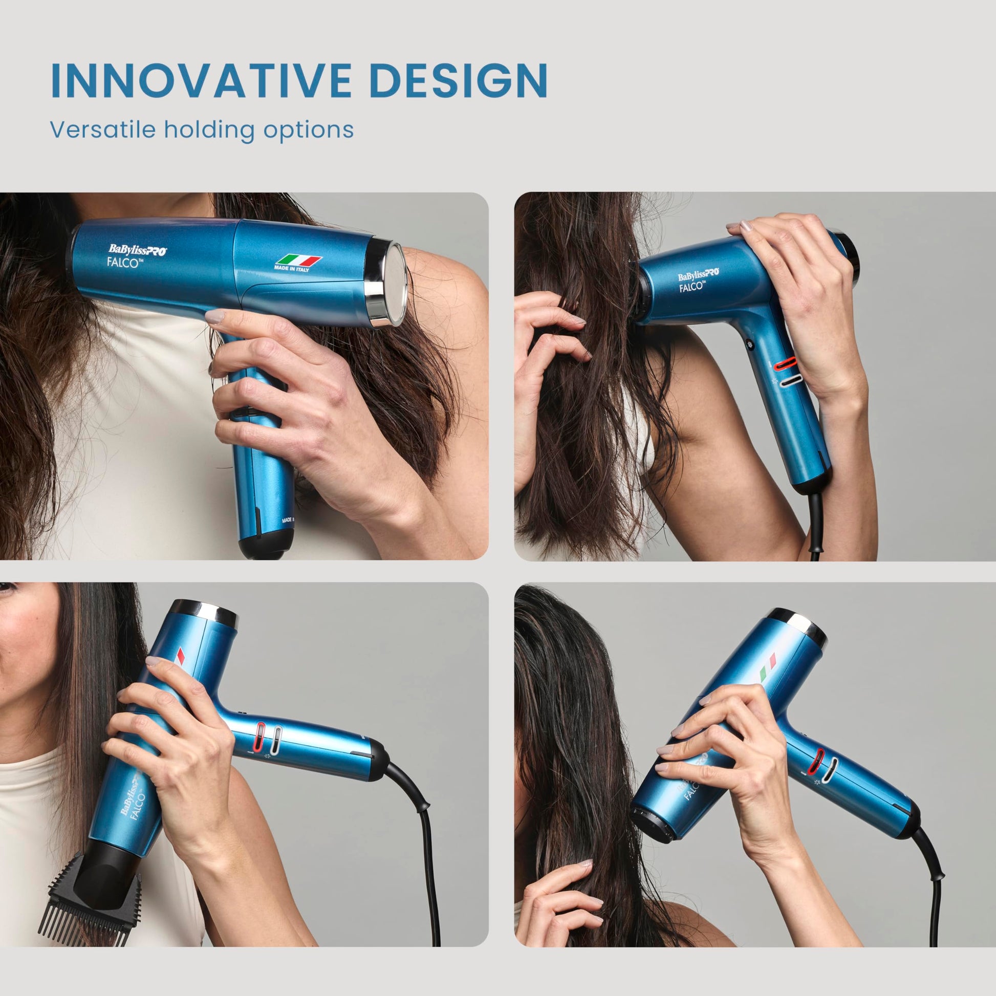 Gray BaBylissPRO Nano Titanium Professional Italian High-Speed Falco Hair Dryer with Concentrator Nozzles, 2000-Watt Ionic Blow Dryer with Diffuser