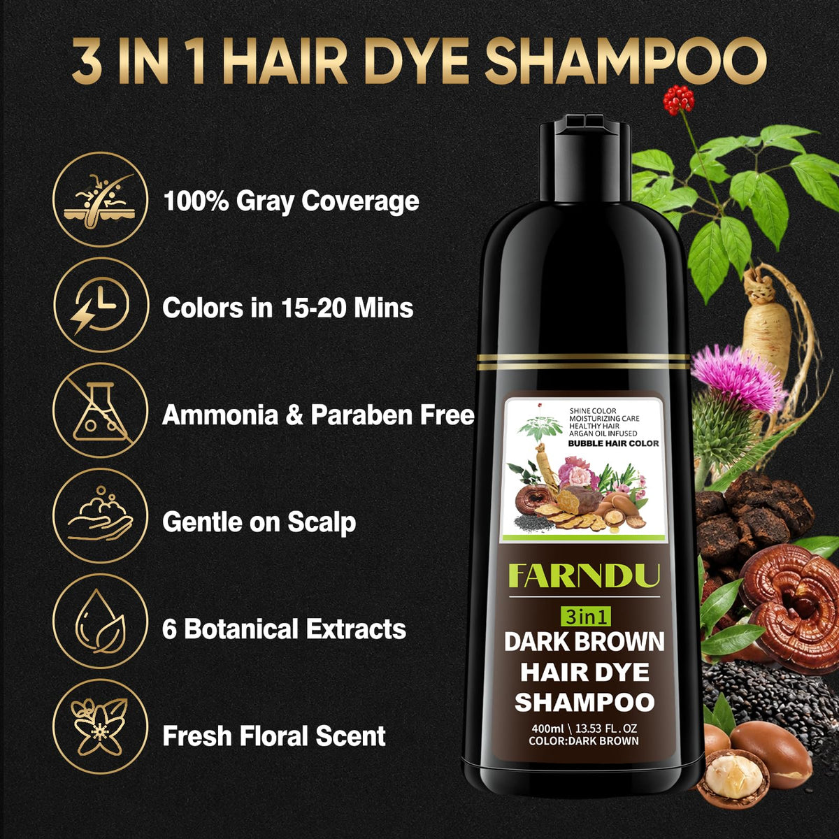 Black Dark Brown Hair Dye Shampoo 3 IN 1 for Gray Coverage with Ginseng