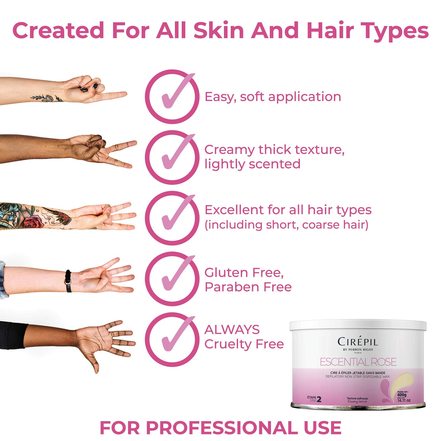 White Smoke Cirepil - Escential Rose - 400g / 14.11 oz Hard Wax Tin - Creamy Stripless Wax for Sensitive Areas - Effective on Short & Shaved Hair - Professional Body & Bikini Depilatory Refill