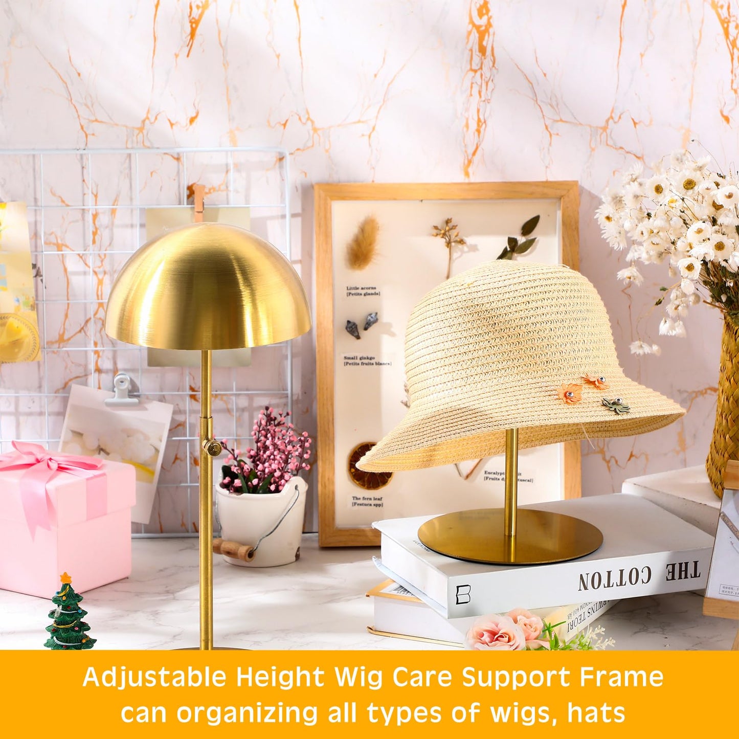 Misty Rose Sintuff 4 Pcs Hat Display Stand:adjustable 7.9-15.7inch Wigs Head Holder Stand Non Slip Stainless Steel Metal Rack for Multiple Hats Wig Storage Styling Practice(Gold,Round Base)