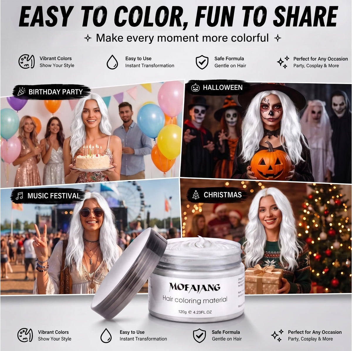 Light Gray Acosexy White Hair Wax, Temporary Hair Color Wax, White Hair Spray for Kids Men and Women, Perfect for Halloween, Cosplay, Parties, Festivals, Daily Use (4.23OZ)