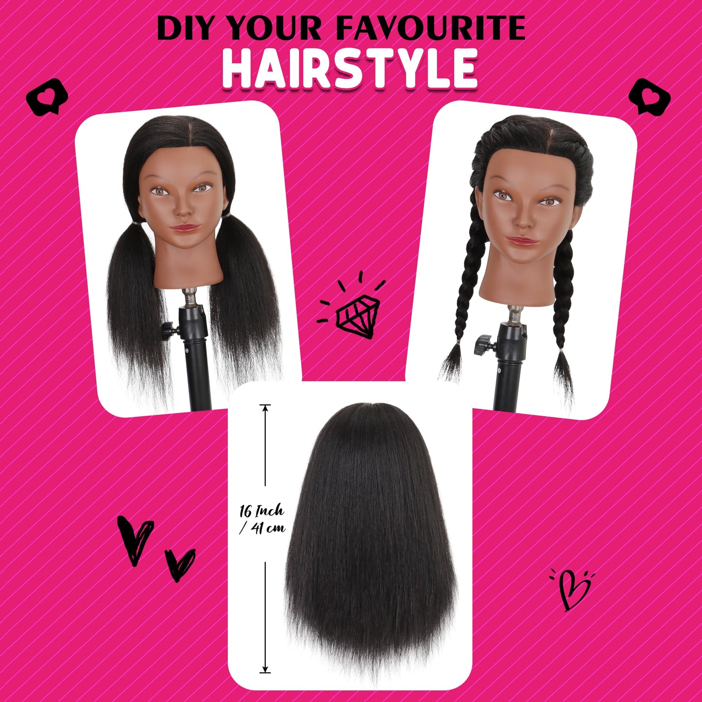 Violet Red Mannequin Head with Human Hair 16" Cosmetology Manikin Doll Head 100% Real Human Hair for Styling Hairdresser Practice Braiding with Free Clamp Holder