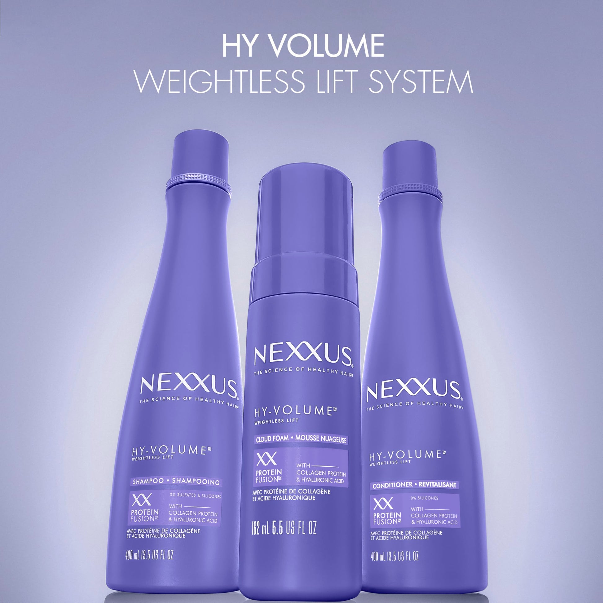 Dark Gray Nexxus Hy-Volume Cloud Foam Hair Foam for Lift and Volume For Flat & Limp Hair Hair Styling Foam Powered by Magnitube Volumizer Technology with Hyaluronic Acid 5.5 fl oz