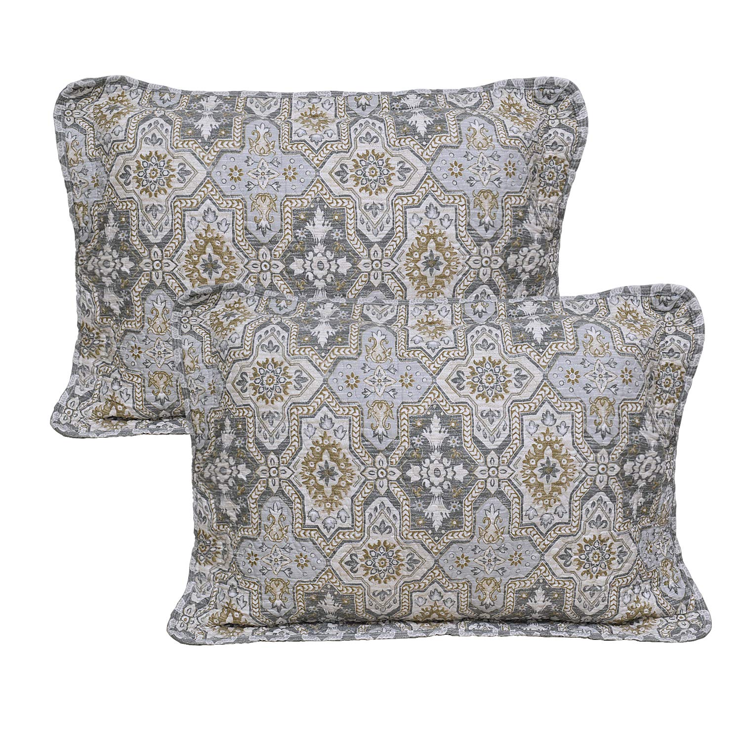 White Smoke Home Soft Things Lanza Printed Microfiber Quilt Oversize King 122" x 106" 5 Piece Bedding Set with Matching Shams Pillows, Mustard Gray Blue Floral Design Reversible Bedspread Coverlet