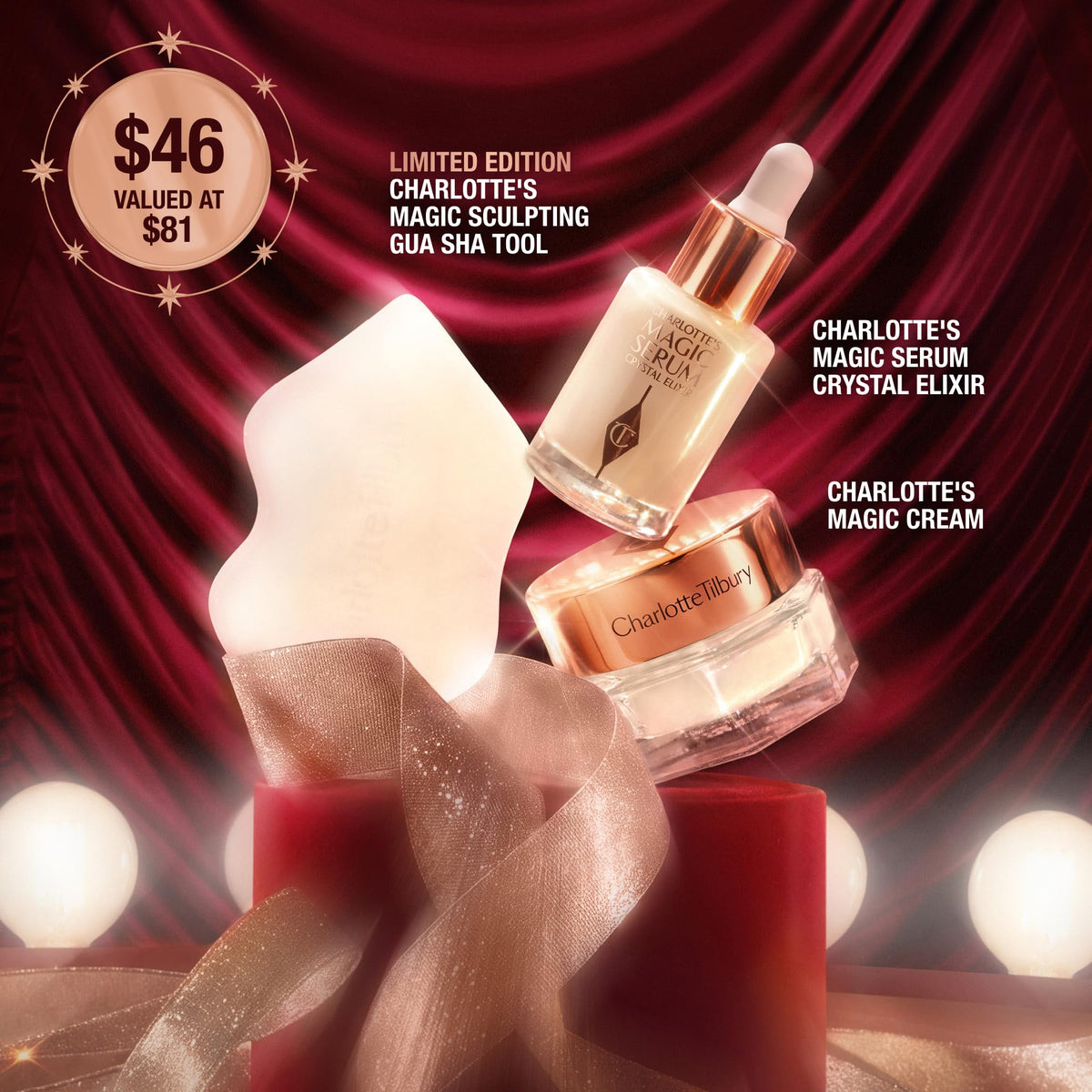 Black Charlotte Tilbury Iconic Magic Mini Skin Set - Travel Size Skincare Gift Set with Moisturizer, Face Serum & Limited Edition Gua Sha