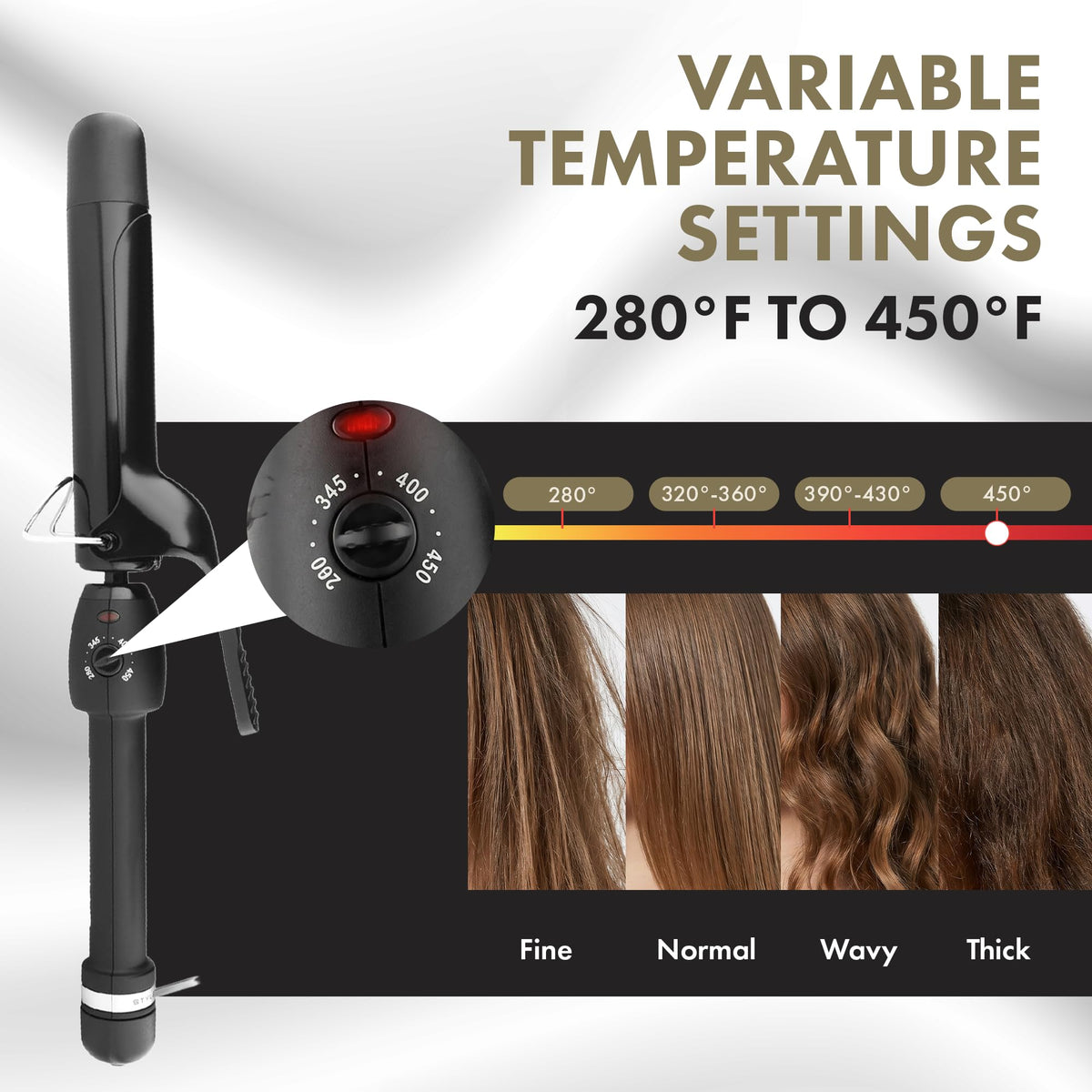 White Smoke Stay-Temp Black Gold Ceramic 1 1/4” Curling Iron for All Hair Types