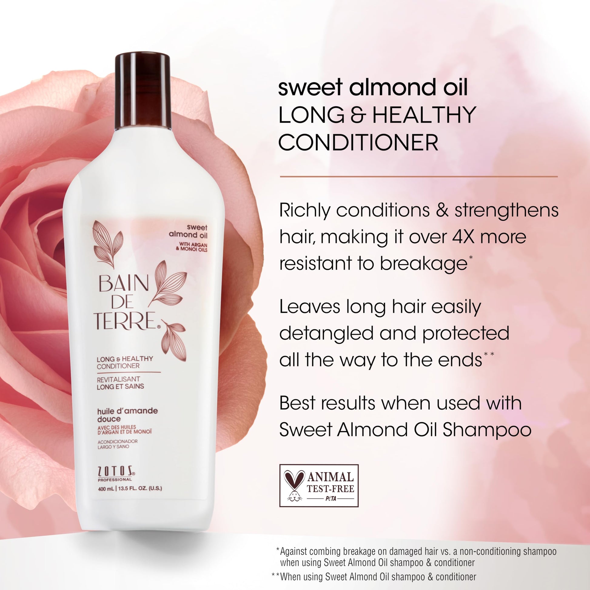 White Smoke Bain de Terre Sweet Almond Oil Long & Healthy Conditioner, Strength & Protection for Weak, Damaged Hair, with Argan & Monoi Oils, Paraben-Free, Color-Safe, Vegan, 13.5 Fl Oz
