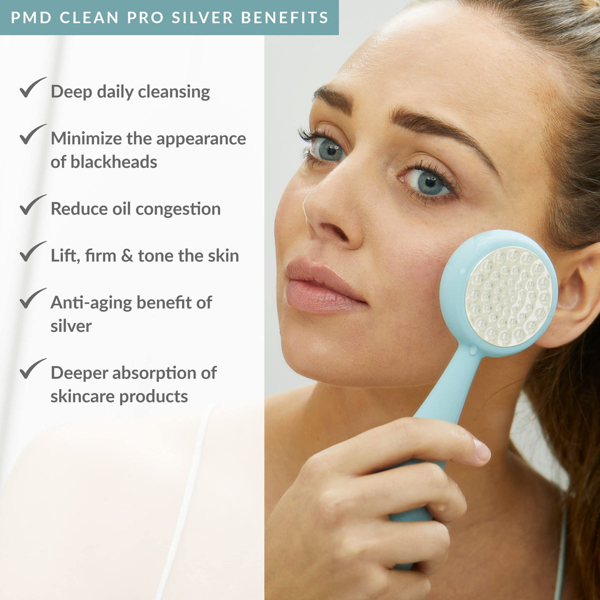 White Smoke PMD Beauty Clean Pro - Electric Facial Cleansing Brush, Smart Facial Device with Silicone Brush & Heated Anti-Aging Aluminum, Gemstone, Precious Metal Massager, Sky Silver + Balm