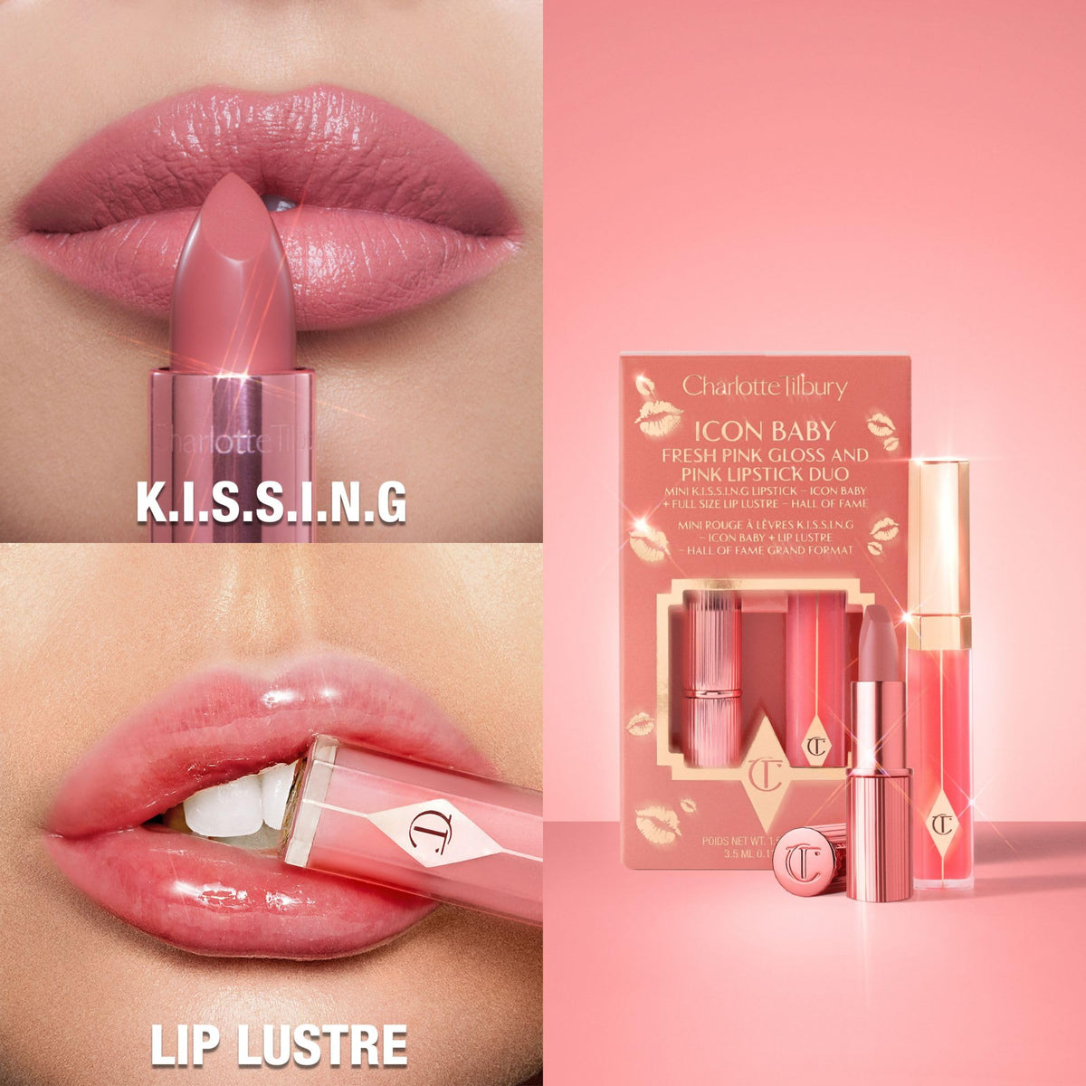 Light Pink Charlotte Tilbury Holiday Kit - AIRbrush Flawless Setting Spray + AIRbrush Flawless Finish + Icon Baby Lip Duo - Hydrating Mist & Pressed Setting Powder Kit with Pink Lipstick Gloss Set