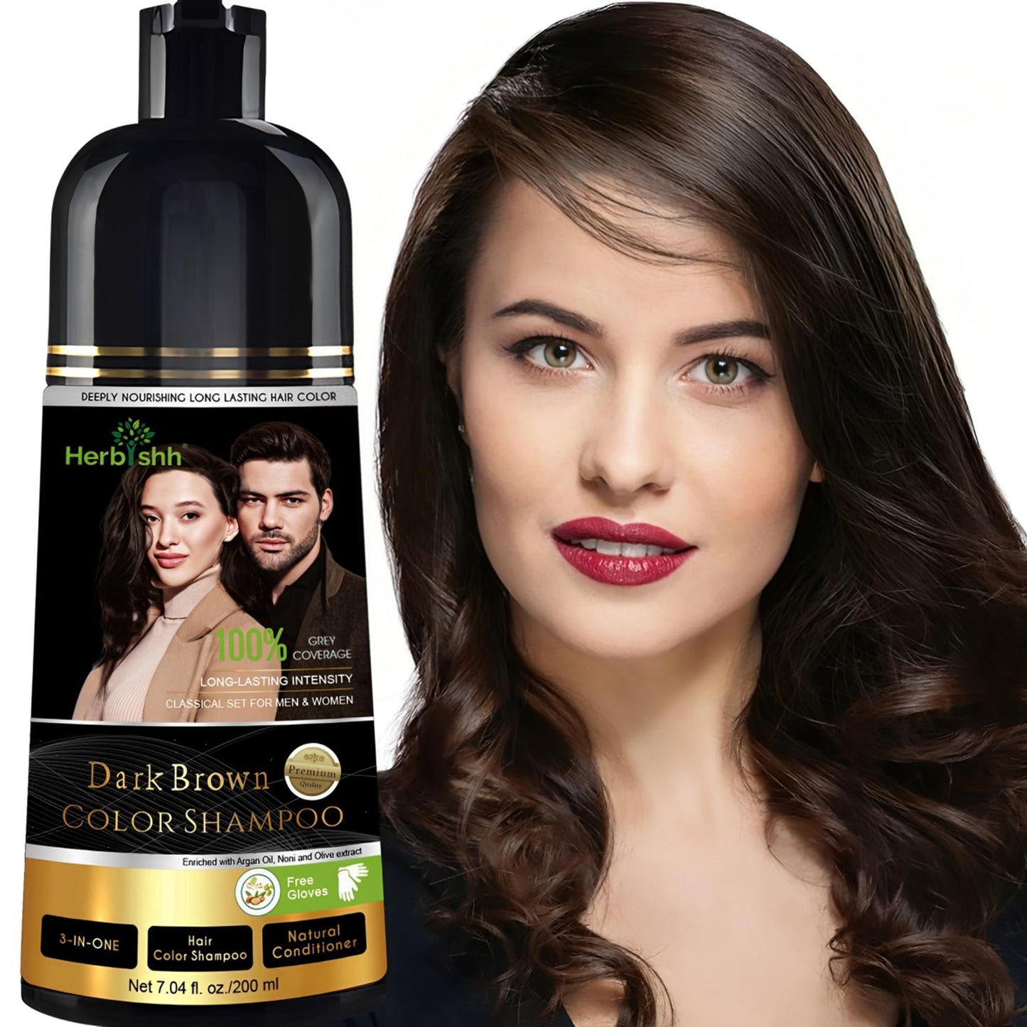 White Smoke Herbishh Dark Brown Shampoo, Hair Dye Shampoo 3 in 1, 100% Grey Coverage, Hair Color for Men & Women, Long-lasting Color in 20-25 Mins, Ammonia-free, 200 ml