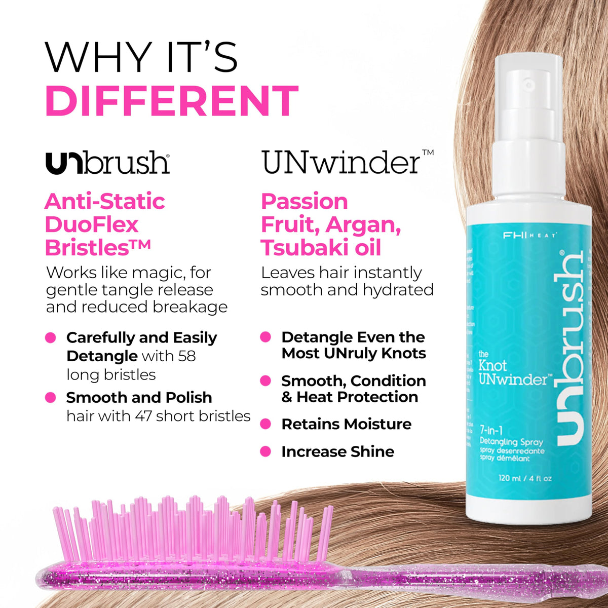 White Smoke FHI Heat UNbrush Detangling Brush + UNwinder Detangling Spray Combo Pack