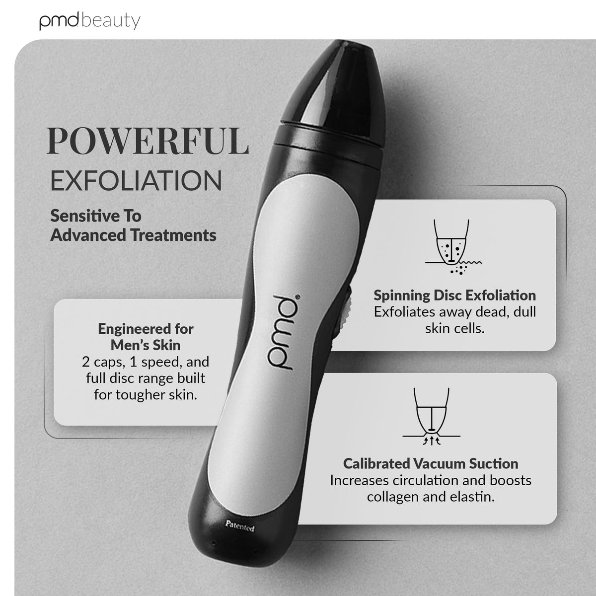 Gray PMD Beauty Personal Microderm Man - At-Home Microdermabrasion Machine with Kit for Face & Body - Exfoliating Crystals and Vacuum Suction for Bold and Striking Skin