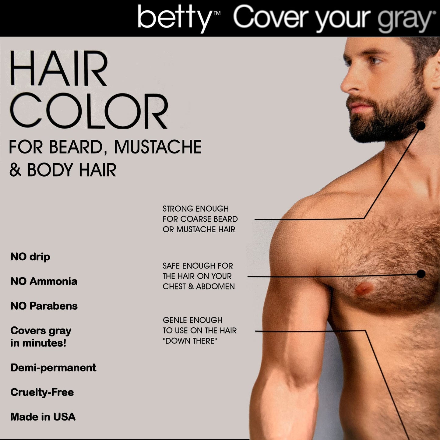 Gray Betty Cover Your Gray Mens Hair Color for Beard, Mustache & Body Hair - Brown