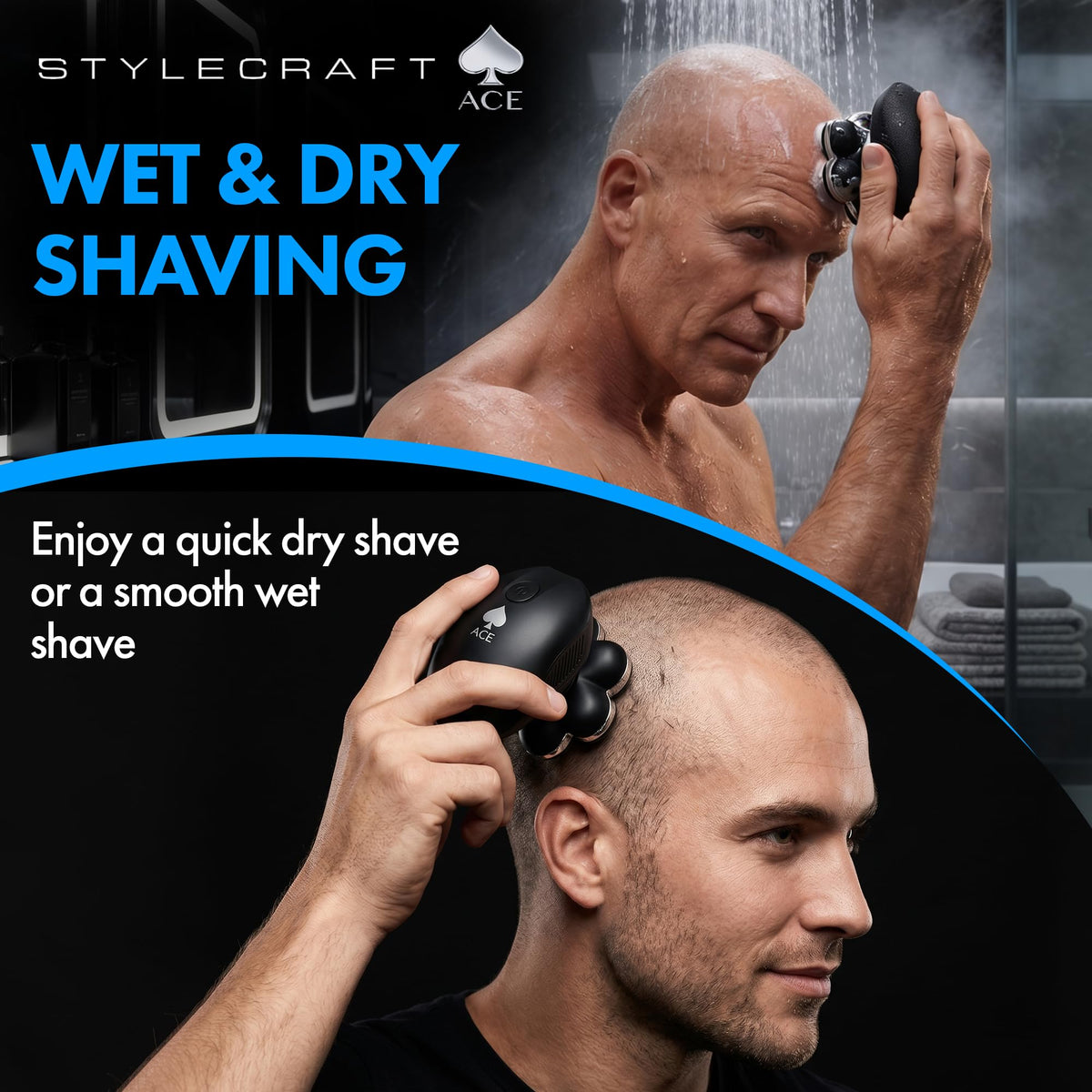 Black StyleCraft Ace 7X Foil Bald Head Shaver for Men, Up to 8500 RPM Motor