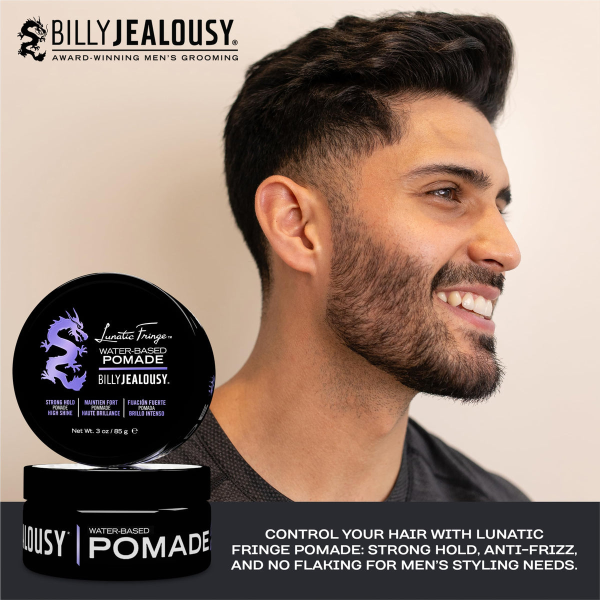 Black Billy Jealousy Lunatic Fringe Water-Based Pomade for Men, Strong Hold, High Shine, Water Soluble and Vegan Hair Product Ideal for Medium to Long Thick Mane, 3 oz