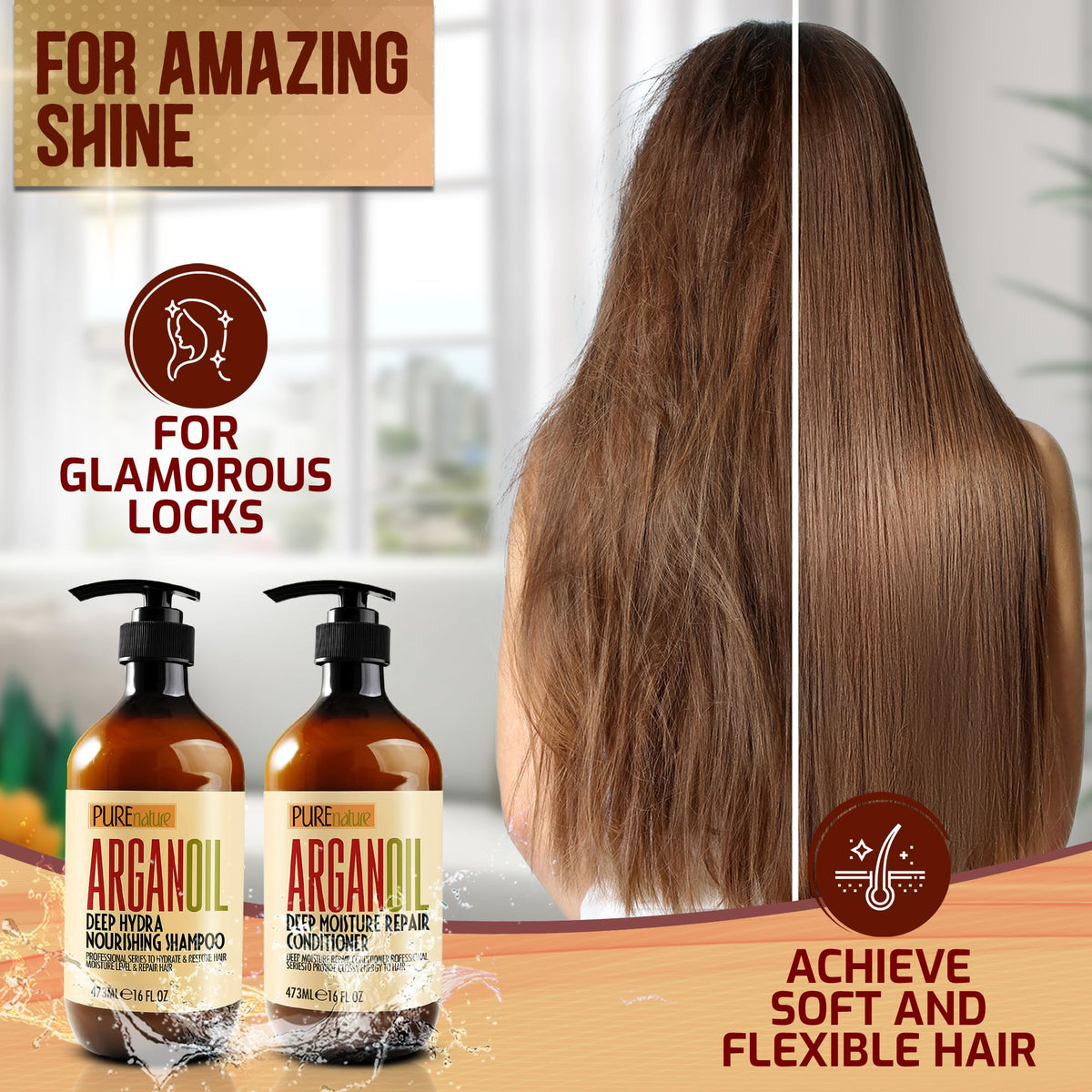 Argan Oil Shampoo and Conditioner Set - Sulfate Free Moroccan Care with Keratin - For Curly, Straight, Dry and Damaged Hair - Moisturizing, Hydrating, Anti Frizz Salon Technology