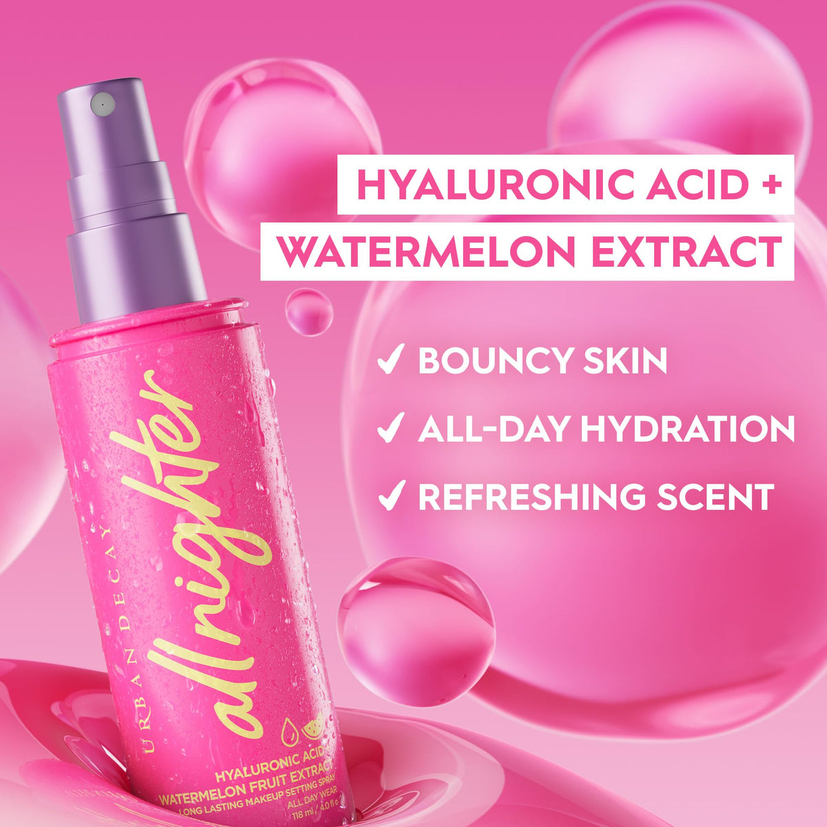 Light Pink Urban Decay All Nighter Hyaluronic Acid Waterproof Dewy Setting Spray for Face (Travel Size), Luminous Glowy Look, Long-lasting, Smudge-proof & Transfer-resistant Makeup, Watermelon Scent - 1 fl oz