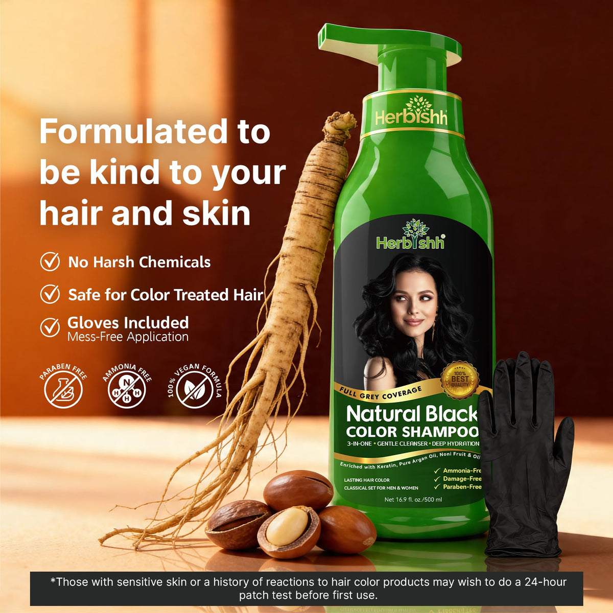 Black Herbishh Black Hair Dye Shampoo for Gray Hair Coverage 500ml