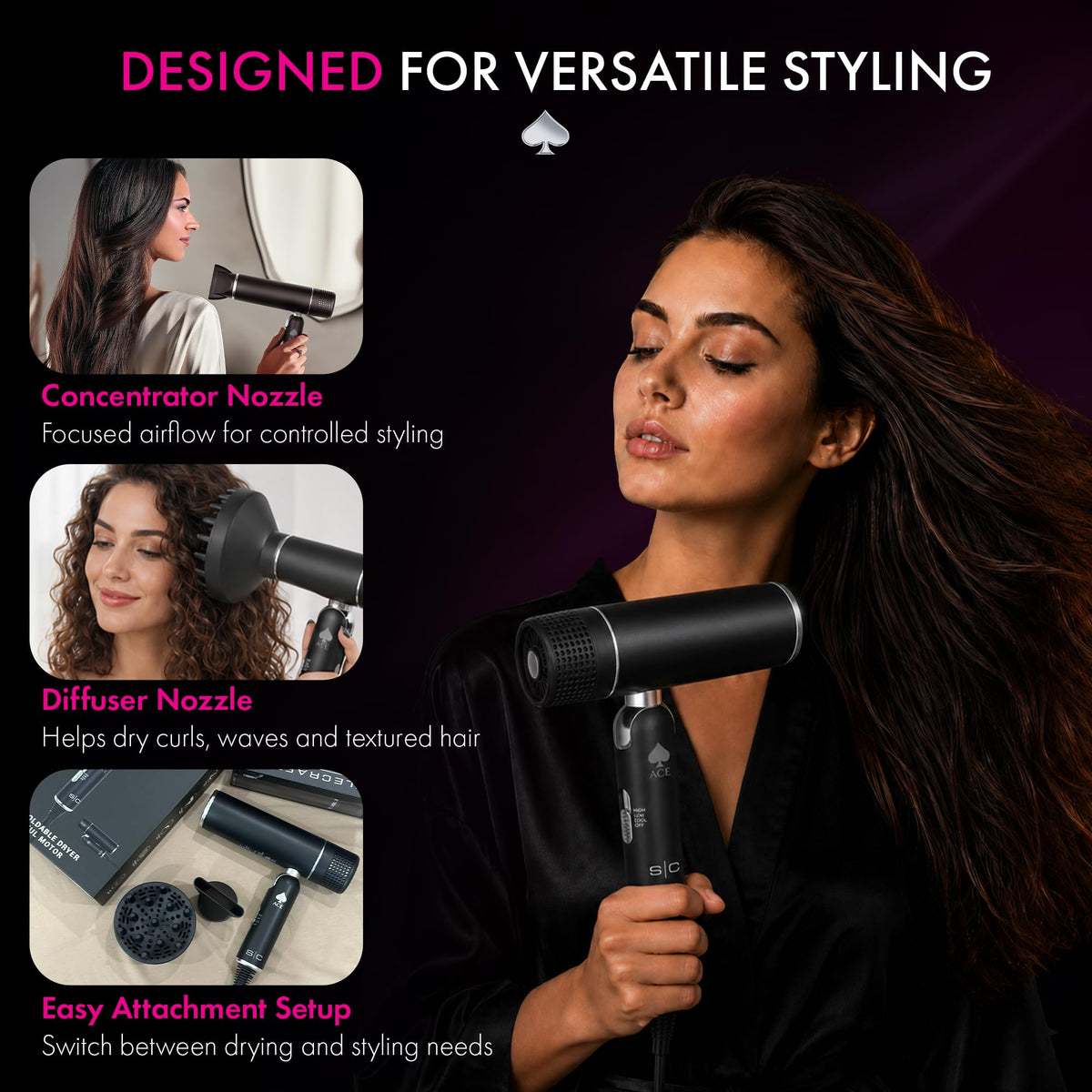Black StyleCraft Ace Foldable Hair Dryer with 1600W Motor, Travel-Friendly Design
