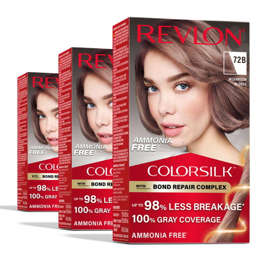 White Smoke Revlon ColorSilk with Bond Repair Complex, Blonde Permanent Hair Color, 100% Gray Coverage, Ammonia Free Hair Dye, Vegan Keratin, 72B Mushroom Blonde (Pack of 3)
