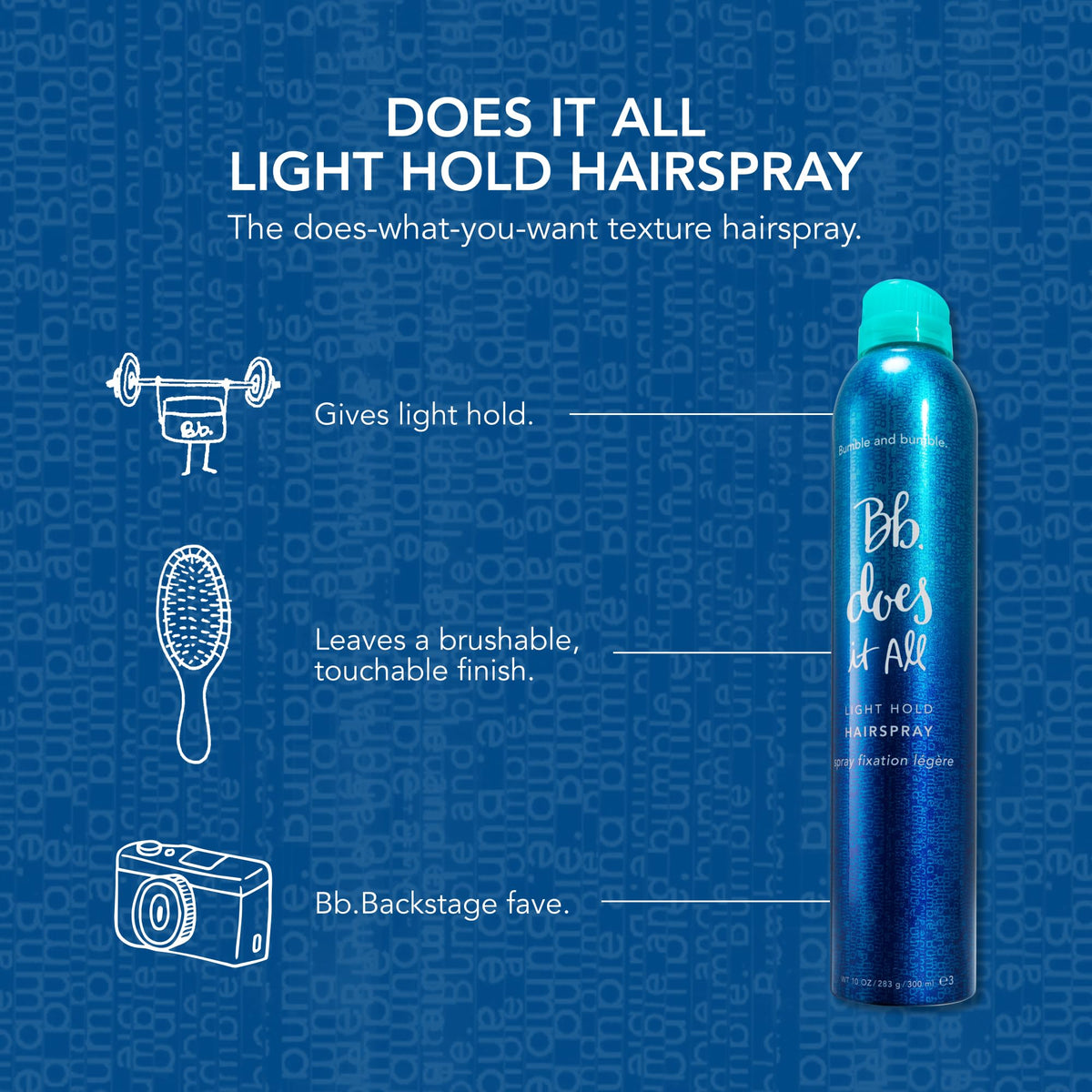 Midnight Blue Bumble and bumble. Does It All Light Hold Hair Spray | Light Hold + Brushable, Touchable Finish | For All Curly, Wavy, Straight Hair Types | 10 Ounce