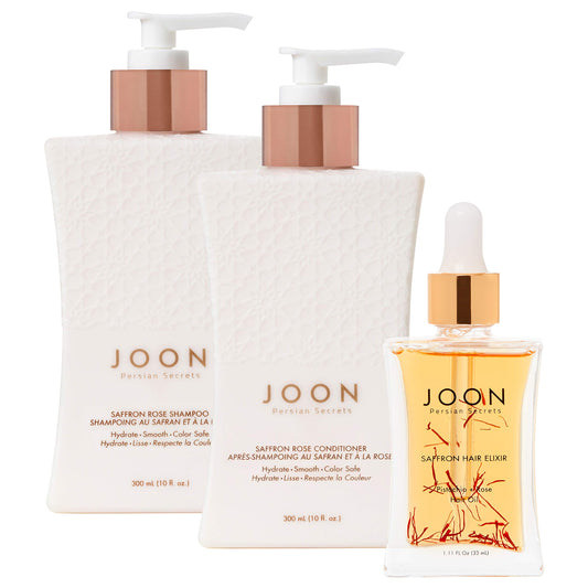White Smoke Joon Moisturizing Trio Set | 1.1oz Saffron Hair Elixir, 10.1oz Saffron Rose Shampoo and Conditioner