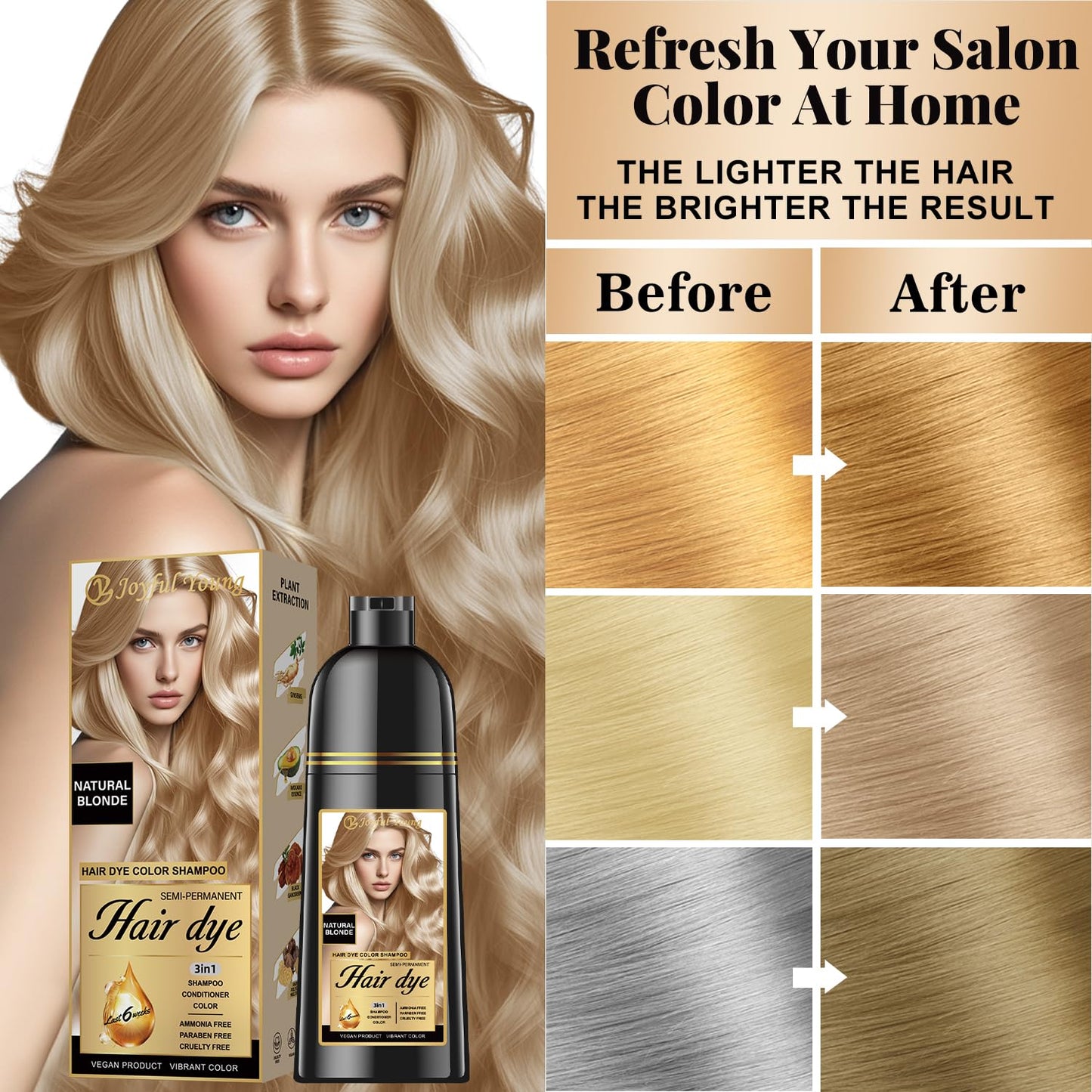 Sienna Joyful Young Hair Dye Shampoo 3-in-1, Natural Blonde Semi-Permanent Gray Hair Coverage, Color Depositing Shampoo for Women & Men, Vegan, Ammonia-Free